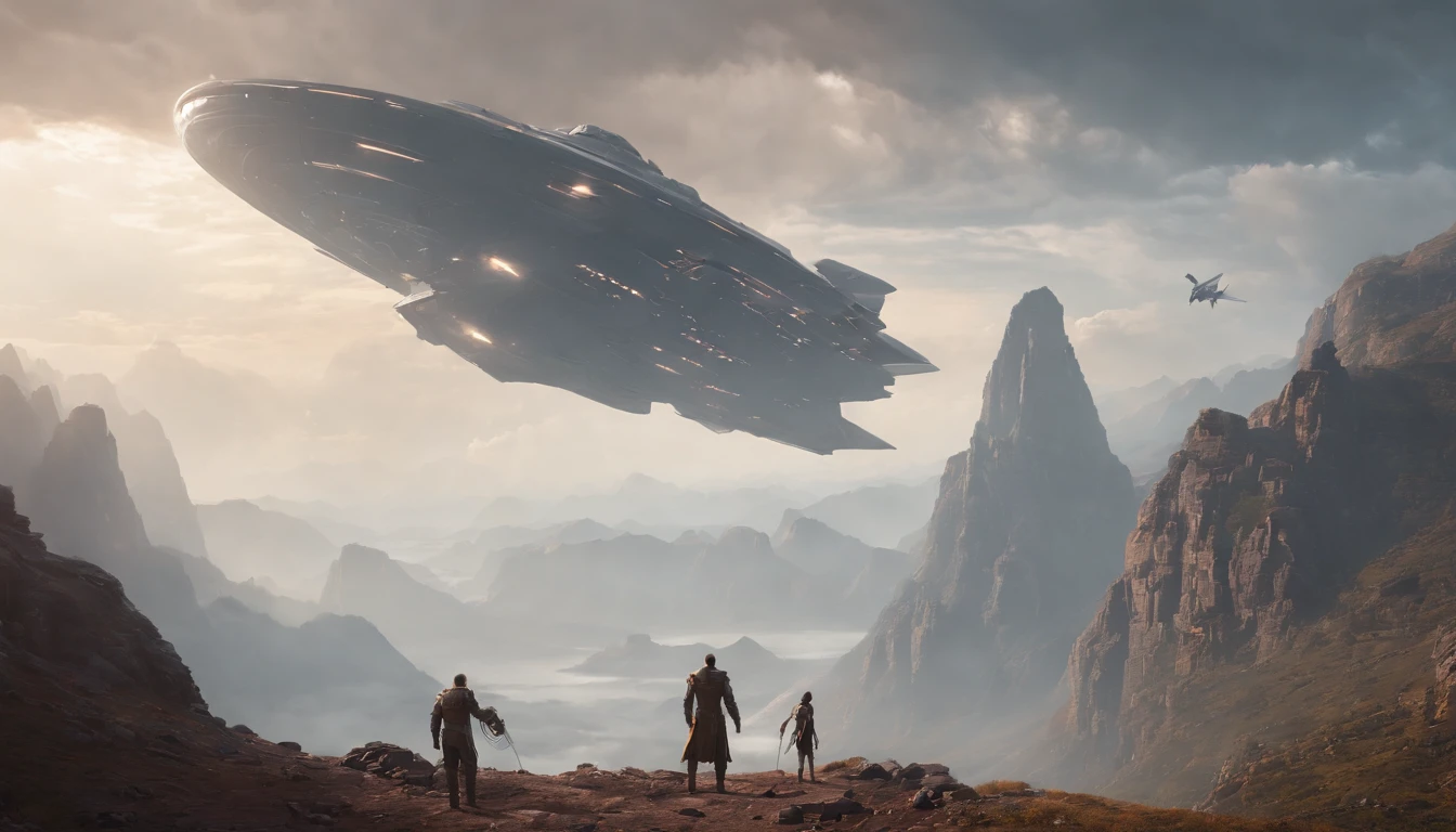 A couple Fighter Spaceship flying over a silhouette of an old warrior father with his daughter from Vietnam who are standing on a mountain with the wind blowing the daughters hair and the fathers jacket, concept art wallpaper 4k, sci-fi fantasy wallpaper, sci fi artwork, detailed sci-fi art, beautiful sci fi art, spaceships in the cloudy sky, concept art artwork masterpiece, concept art 4k, concept art 4 k, sci fi concept art, mystical sci-fi concept art