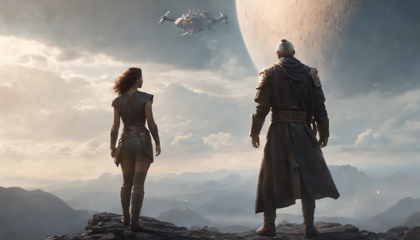 A couple Fighter Spaceship flying over a silhouette of an old warrior father with his daughter from Vietnam who are standing on a mountain with the wind blowing the daughters hair and the fathers jacket, concept art wallpaper 4k, sci-fi fantasy wallpaper, sci fi artwork, detailed sci-fi art, beautiful sci fi art, spaceships in the cloudy sky, concept art artwork masterpiece, concept art 4k, concept art 4 k, sci fi concept art, mystical sci-fi concept art