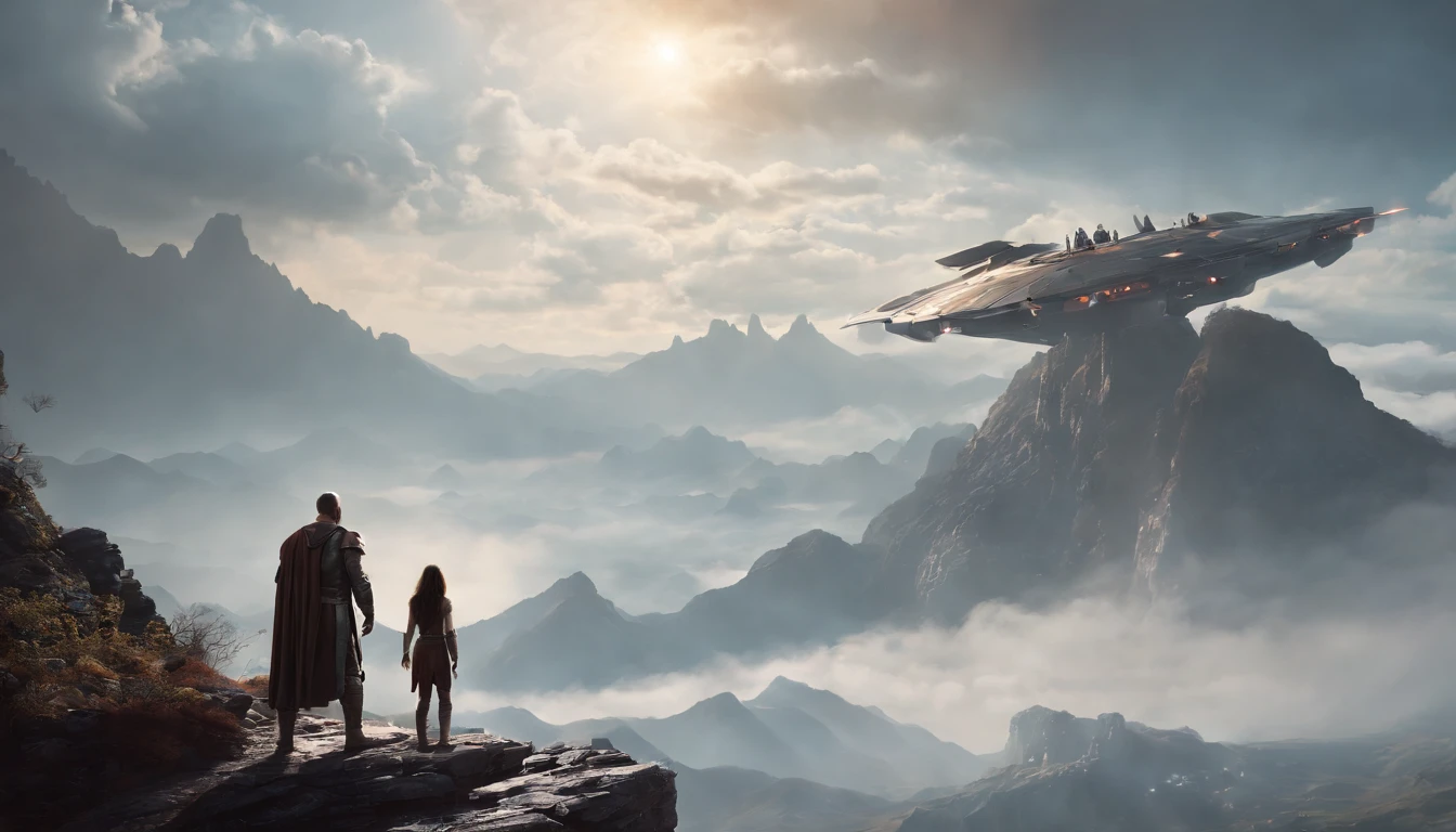 A couple Fighter Spaceship flying over a silhouette of an old warrior father with his daughter from Vietnam who are standing on a mountain with the wind blowing the daughters hair and the fathers jacket, concept art wallpaper 4k, sci-fi fantasy wallpaper, sci fi artwork, detailed sci-fi art, beautiful sci fi art, spaceships in the cloudy sky, concept art artwork masterpiece, concept art 4k, concept art 4 k, sci fi concept art, mystical sci-fi concept art