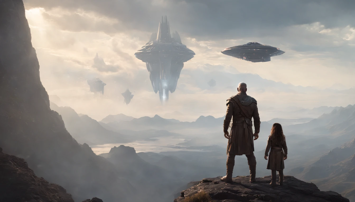 A couple Fighter Spaceship flying over a silhouette of an old warrior father with his daughter from Vietnam who are standing on a mountain with the wind blowing the daughters hair and the fathers jacket, concept art wallpaper 4k, sci-fi fantasy wallpaper, sci fi artwork, detailed sci-fi art, beautiful sci fi art, spaceships in the cloudy sky, concept art artwork masterpiece, concept art 4k, concept art 4 k, sci fi concept art, mystical sci-fi concept art