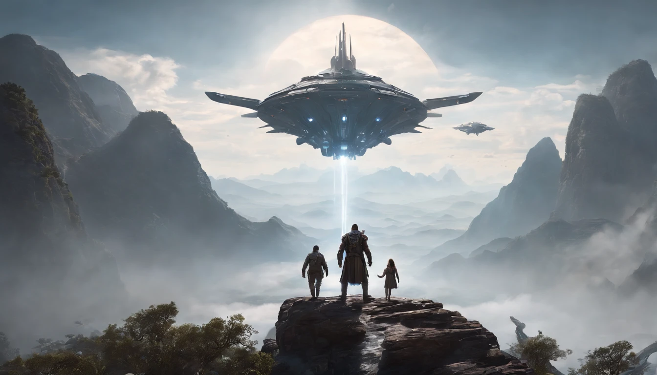 A couple Fighter Spaceship flying over a silhouette of an old warrior father with his daughter from Vietnam who are standing on a mountain with the wind blowing the daughters hair and the fathers jacket, concept art wallpaper 4k, sci-fi fantasy wallpaper, sci fi artwork, detailed sci-fi art, beautiful sci fi art, spaceships in the cloudy sky, concept art artwork masterpiece, concept art 4k, concept art 4 k, sci fi concept art, mystical sci-fi concept art