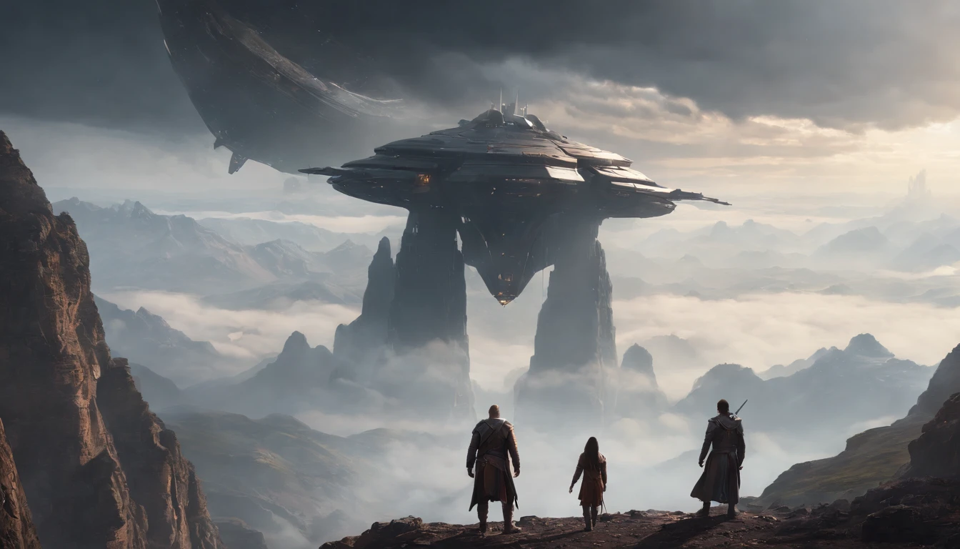 A couple Fighter Spaceship flying over a silhouette of an old warrior father with his daughter from Vietnam who are standing on a mountain with the wind blowing the daughters hair and the fathers jacket, concept art wallpaper 4k, sci-fi fantasy wallpaper, sci fi artwork, detailed sci-fi art, beautiful sci fi art, spaceships in the cloudy sky, concept art artwork masterpiece, concept art 4k, concept art 4 k, sci fi concept art, mystical sci-fi concept art