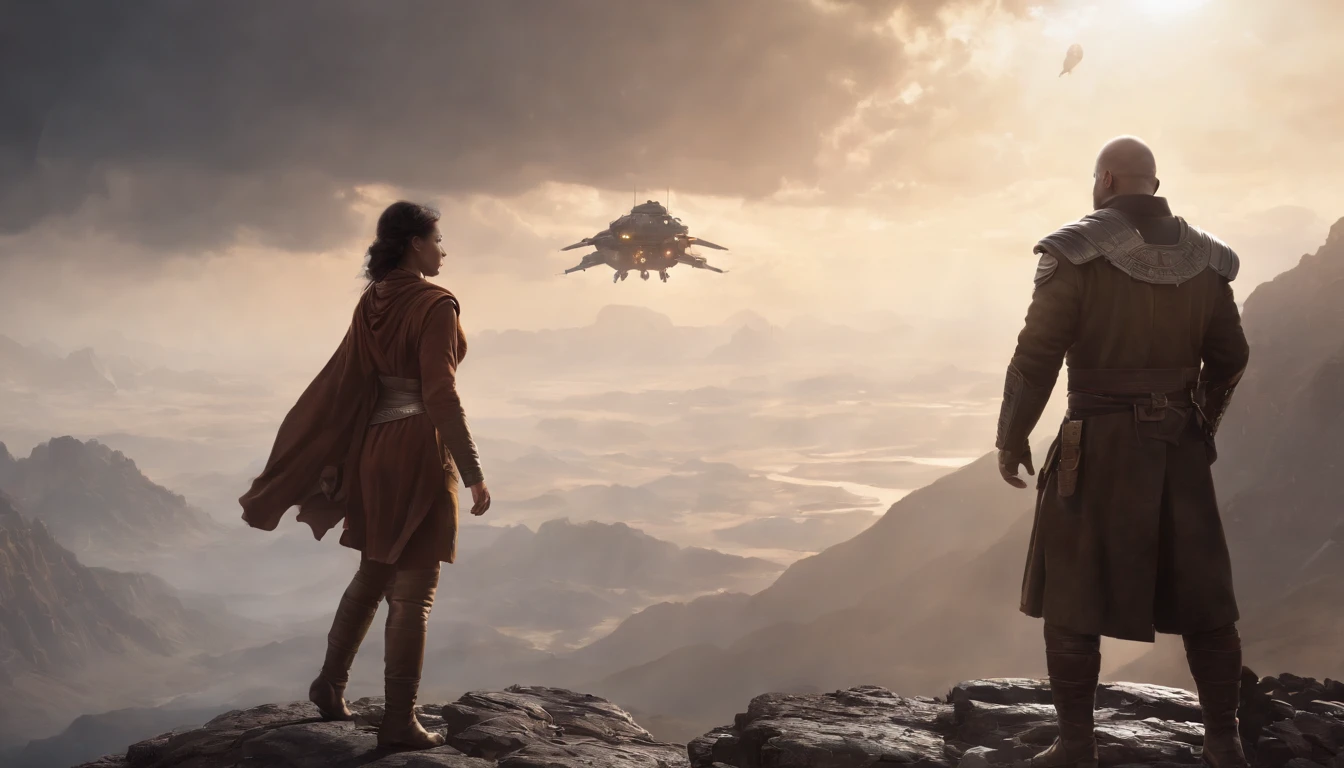 A couple Fighter Spaceship flying over a silhouette of an old warrior father with his daughter from Vietnam who are standing on a mountain with the wind blowing the daughters hair and the fathers jacket, concept art wallpaper 4k, sci-fi fantasy wallpaper, sci fi artwork, detailed sci-fi art, beautiful sci fi art, spaceships in the cloudy sky, concept art artwork masterpiece, concept art 4k, concept art 4 k, sci fi concept art, mystical sci-fi concept art