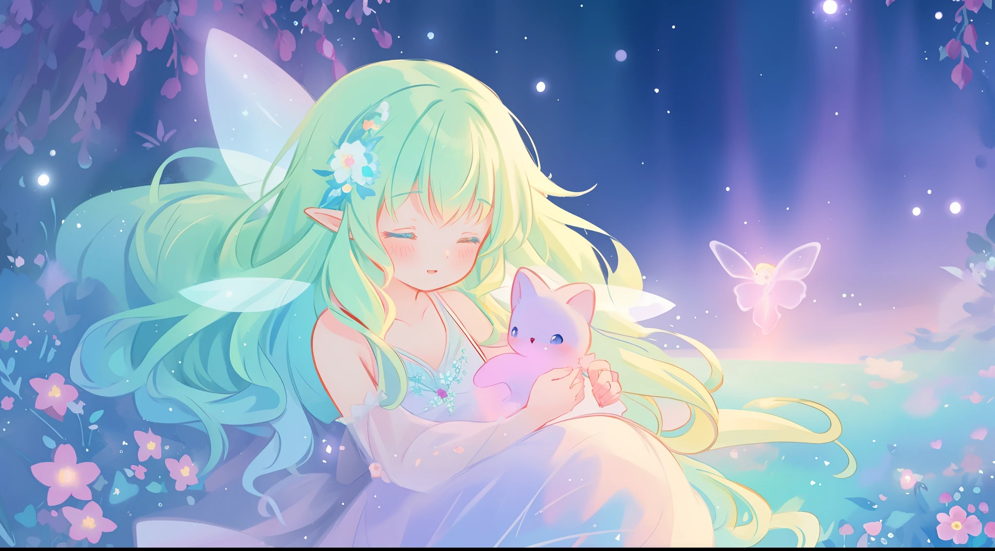 beautiful fairy girl in flowing ballgown dress, (glowing fairy wings), tiny glowing fairies, pixies, magical creatures, (fairy queen), glowing flowing ballgown, long wavy hair, sparkling fairy wings, watercolor illustration, flowers and colorful plants, inspired by Glen Keane, inspired by Lois van Baarle, disney art style, by Lois van Baarle, glowing aura around her, by Glen Keane, jen bartel, glowing lights! digital painting, flowing glowing hair, glowing flowing hair, beautiful digital illustration, fantasia otherworldly landscape plants flowers, beautiful, masterpiece, best quality, anime disney style