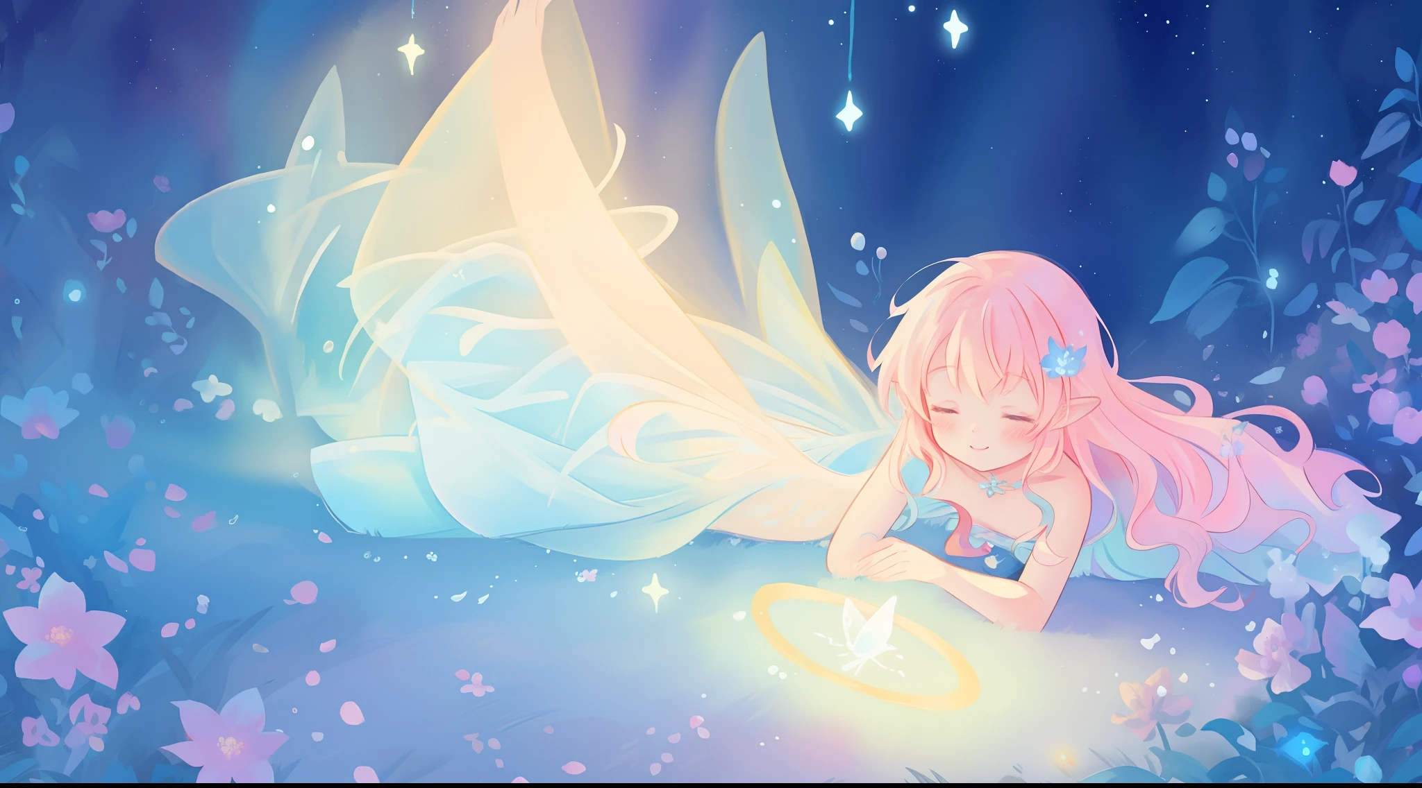 beautiful fairy girl in flowing ballgown dress, (glowing fairy wings), tiny glowing fairies, pixies, magical creatures, (fairy queen), glowing flowing ballgown, long wavy hair, sparkling fairy wings, watercolor illustration, flowers and colorful plants, inspired by Glen Keane, inspired by Lois van Baarle, disney art style, by Lois van Baarle, glowing aura around her, by Glen Keane, jen bartel, glowing lights! digital painting, flowing glowing hair, glowing flowing hair, beautiful digital illustration, fantasia otherworldly landscape plants flowers, beautiful, masterpiece, best quality, anime disney style