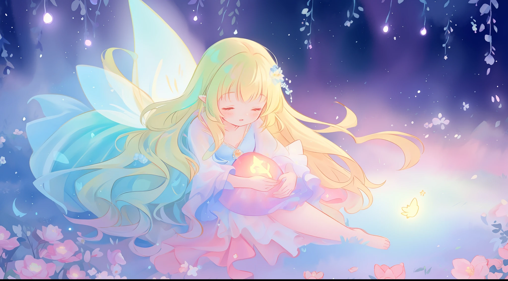 beautiful fairy girl in flowing ballgown dress, (glowing fairy wings), tiny glowing fairies, pixies, magical creatures, (fairy queen), glowing flowing ballgown, long wavy hair, sparkling fairy wings, watercolor illustration, flowers and colorful plants, inspired by Glen Keane, inspired by Lois van Baarle, disney art style, by Lois van Baarle, glowing aura around her, by Glen Keane, jen bartel, glowing lights! digital painting, flowing glowing hair, glowing flowing hair, beautiful digital illustration, fantasia otherworldly landscape plants flowers, beautiful, masterpiece, best quality, anime disney style