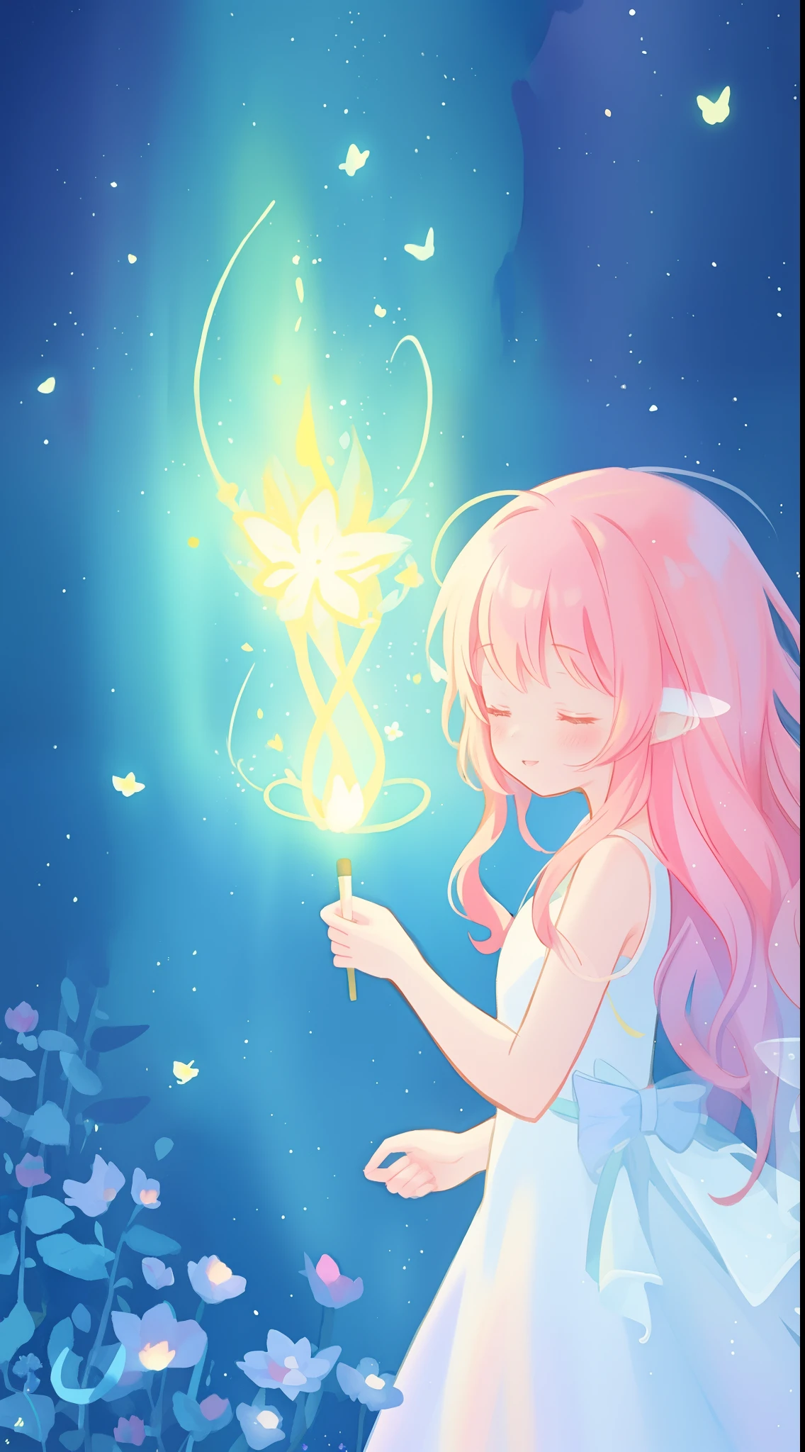 beautiful girl in flowing ballgown dress, (glowing fairy wings), glowing flowing ballgown, long wavy hair, sparkling fairy wings, watercolor illustration, flowers and colorful plants, inspired by Glen Keane, inspired by Lois van Baarle, disney art style, by Lois van Baarle, glowing aura around her, by Glen Keane, jen bartel, glowing lights! digital painting, flowing glowing hair, glowing flowing hair, beautiful digital illustration, fantasia otherworldly landscape plants flowers, beautiful, masterpiece, best quality, anime disney style