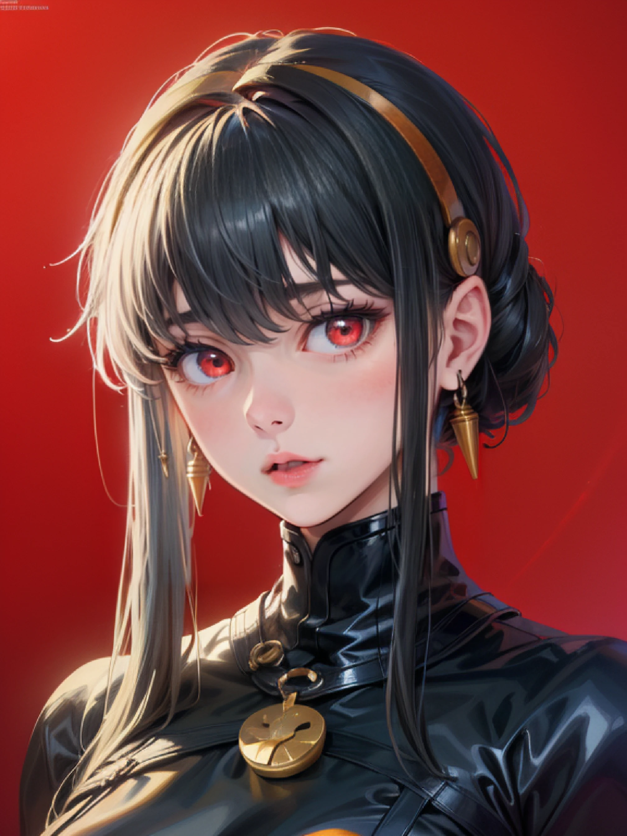 (Surreal), (Illustration), (High resolution), (in 8K), (Extreme Detail), (Best Illustration), (beautiful detail), (Best Quality), (masuter piece), (Wallpaper), ( Detailed face), Yor Forger、red eyes, Bullish appearance、 Realistic fantasy rendering, Realistic anime girl rendering, Full body portrait, (middle Breast: 1.4) popular in CGSTATION, 4K、highlight in eyes、Red background