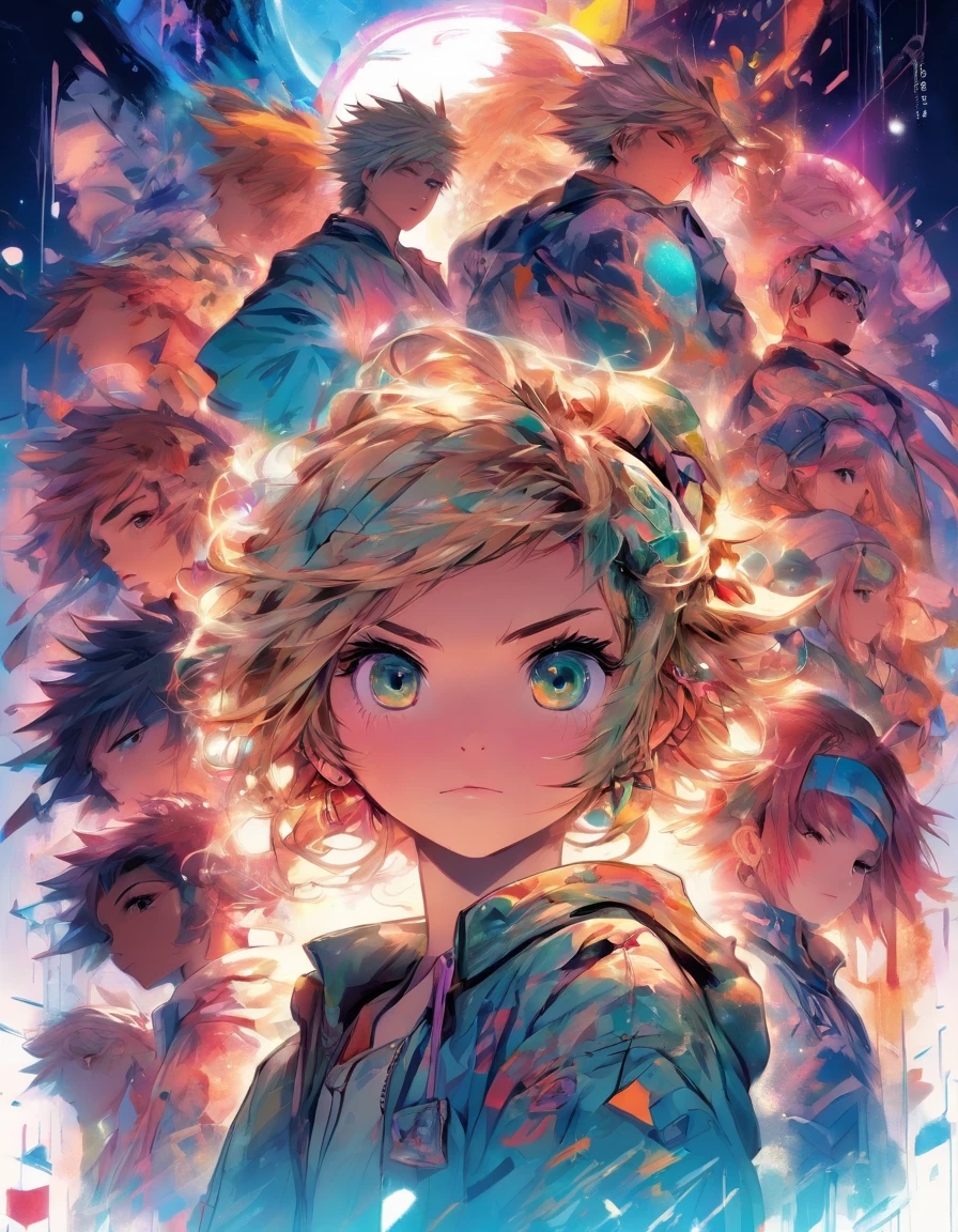 Perfect centering arrangement, There are cute girls everywhere, Wear a student team jacket, Wear sunglasses, Wearing headphones, cheerfulness, Standing position, Abstract beauty, Centered, Looking at the camera, facing camera, nearing perfection, Dynamic, Moon light, high detal, Digital painting, Art Station, concept-art, smooth, Clear focus, 10, High-res, illustration, Art by Carne Griffiths and Wadim Kashin, White background