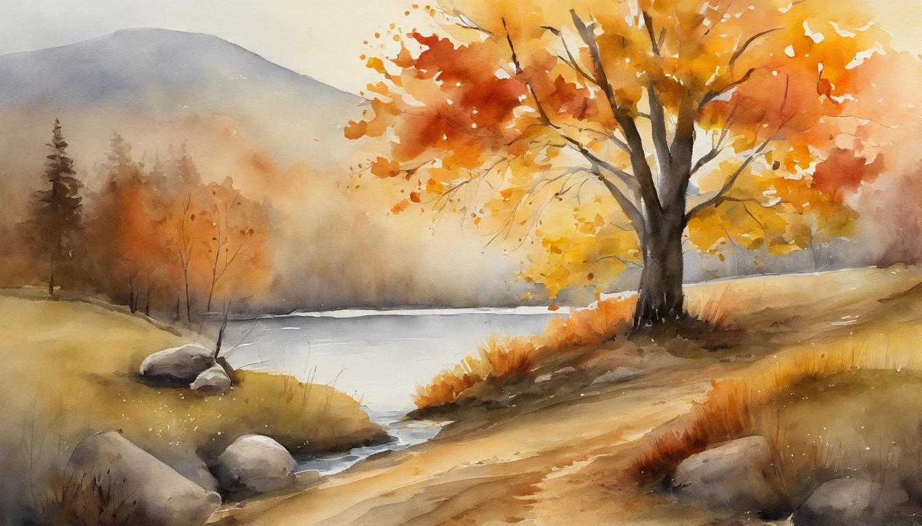 scenecy，watercolor，serene river，Old fisherman on the shore，Mountains loom in the distance，Foggy，watercolor textures, fall, autumn, (orange maple trees)，(yellow maple trees), (brown striped cat)