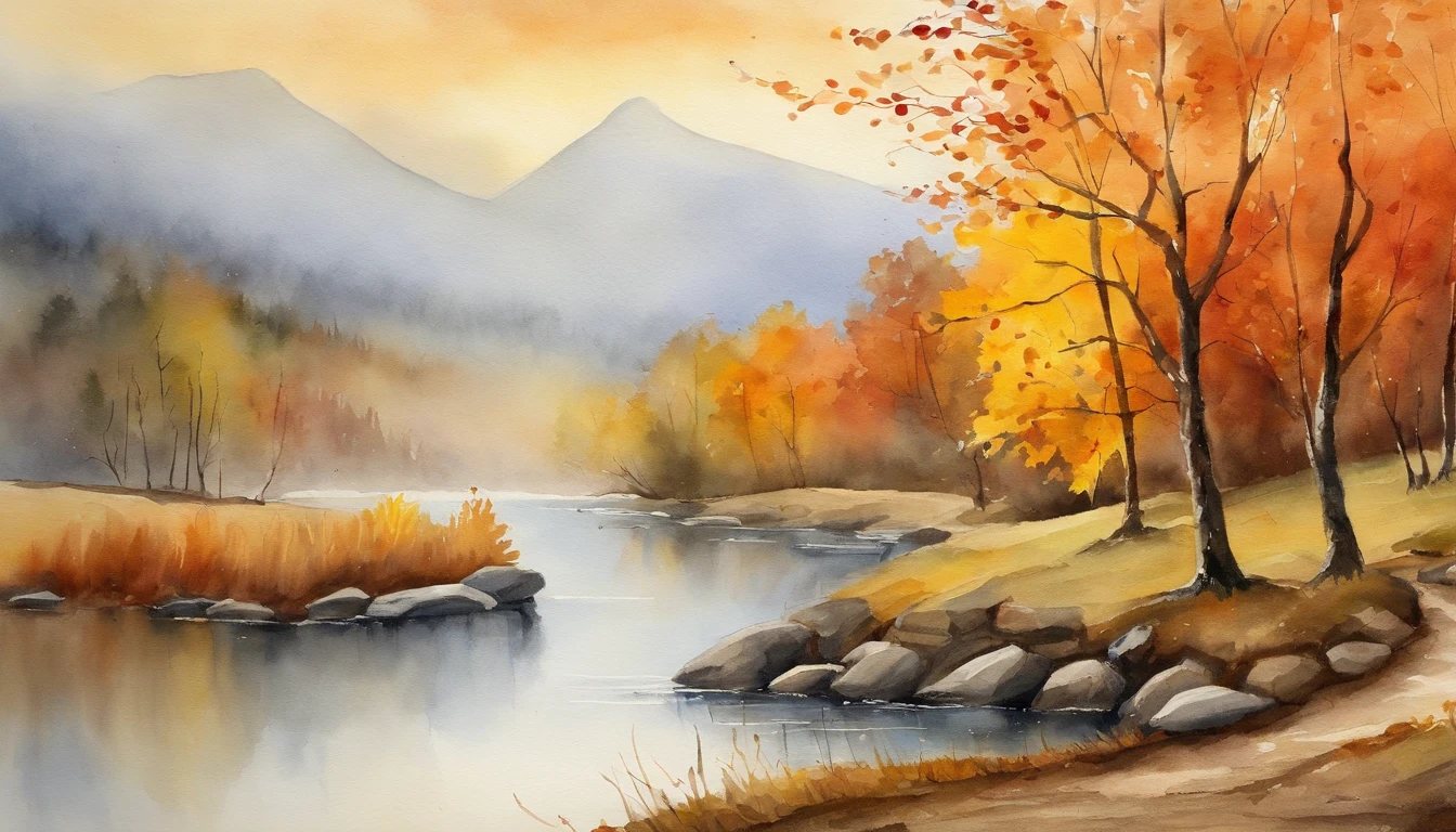 scenecy,watercolor,serene river,Old fisherman on the shore,Mountains loom in the distance,Foggy,watercolor textures, fall, autumn, (orange maple trees),(yellow maple trees), (brown striped cat)