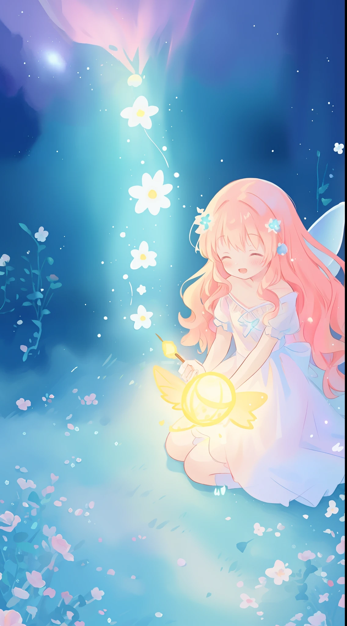 beautiful girl in flowing ballgown dress, (glowing fairy wings), glowing flowing ballgown, long wavy hair, sparkling fairy wings, watercolor illustration, flowers and colorful plants, inspired by Glen Keane, inspired by Lois van Baarle, disney art style, by Lois van Baarle, glowing aura around her, by Glen Keane, jen bartel, glowing lights! digital painting, flowing glowing hair, glowing flowing hair, beautiful digital illustration, fantasia otherworldly landscape plants flowers, beautiful, masterpiece, best quality, anime disney style