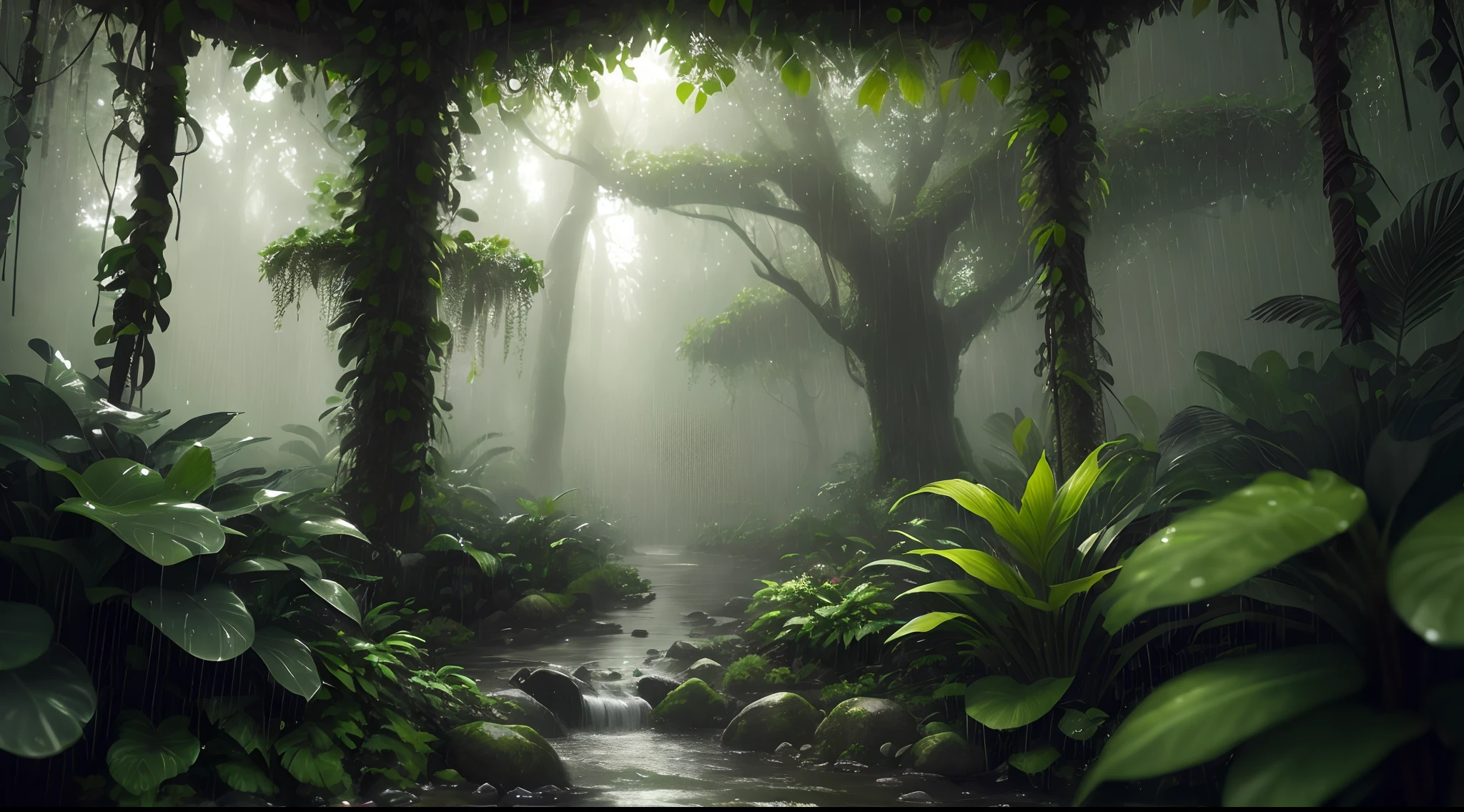 A jungle, with intense rainfall, monochromatic, vines all around, giant and wet trees, masterpiece, best quality, high quality, extremely detailed CG unity 8k wallpaper, oil paiting, award winning photography, Bokeh, Depth of Field, HDR, bloom, Chromatic Aberration ,Photorealistic,extremely detailed, trending on artstation, trending on CGsociety, Intricate, High Detail, dramatic, art by midjourney, volumetric lighting.