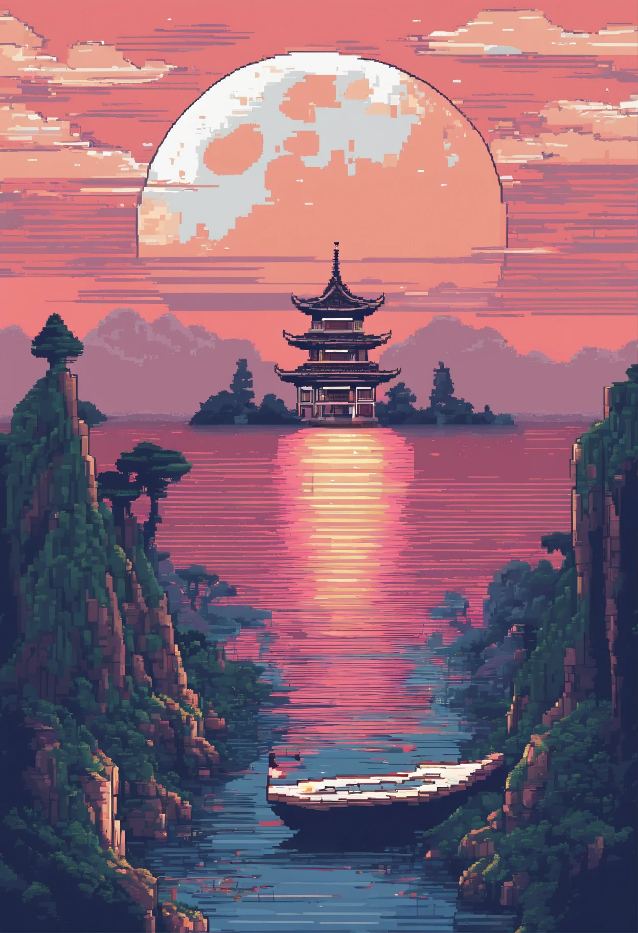 Pixel art of giant moon rising on calm sea, beautiful detailed pixel art, detailed pixel art,Chinese Ancient Architecture, lo-fi retro videogame, concept pixelart, detailed pixel artwork, Pixel art style, pixel town, pixel art animation, high quality pixel art, Dolphins jump out of the sea, super detailed color lowpoly art, #pixelart:3, # pixelart, #pixelart