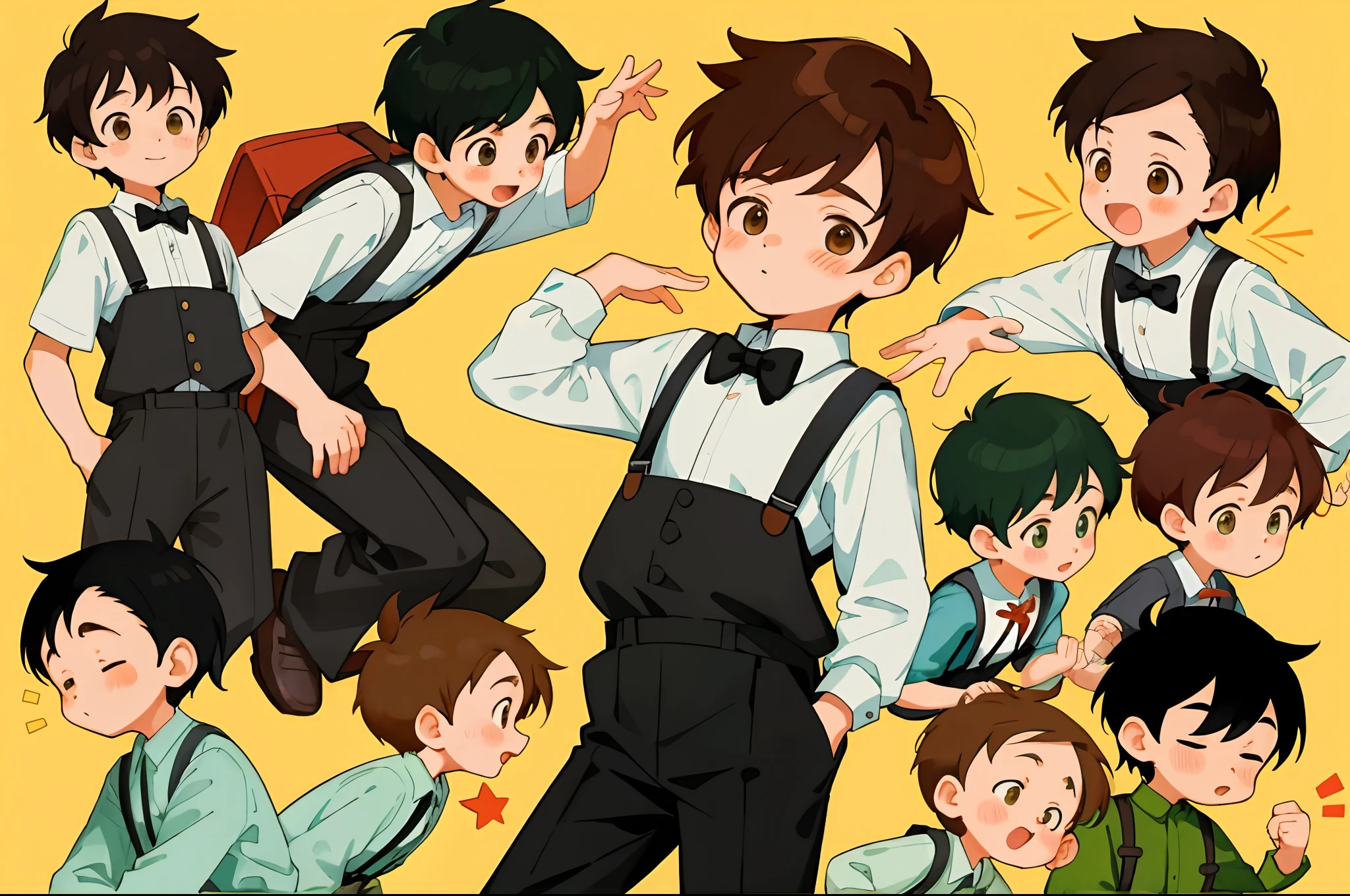 younge boy,multiple postures and expressions,Children's book illustration style,، simple,adolable,full-color,Black suspenders,Reddish-brown hair,flatcolors,