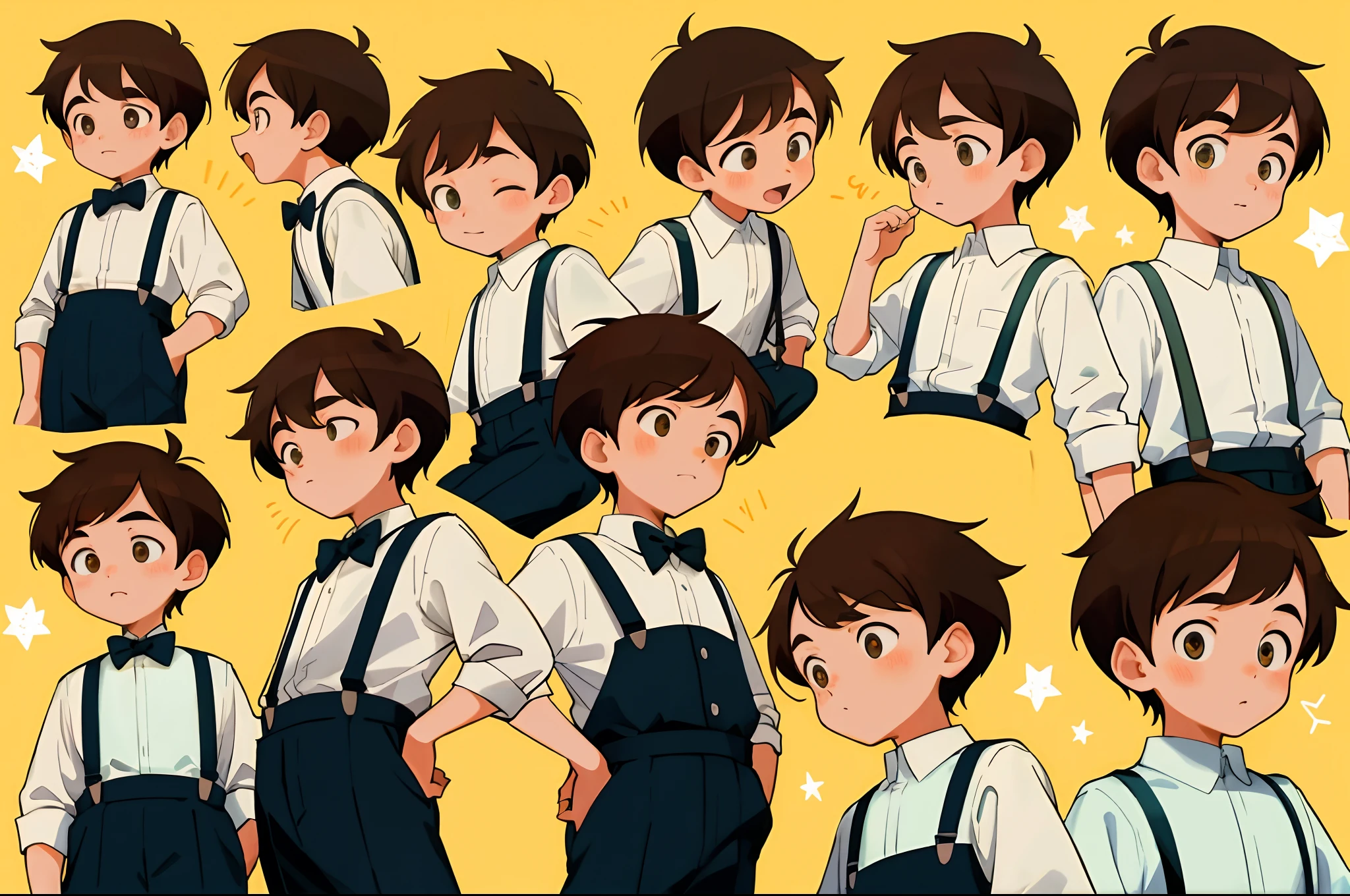younge boy，multiple postures and expressions，Children's book illustration style，، simple，adolable，full-color，Black suspenders，Reddish-brown hair，flatcolors，