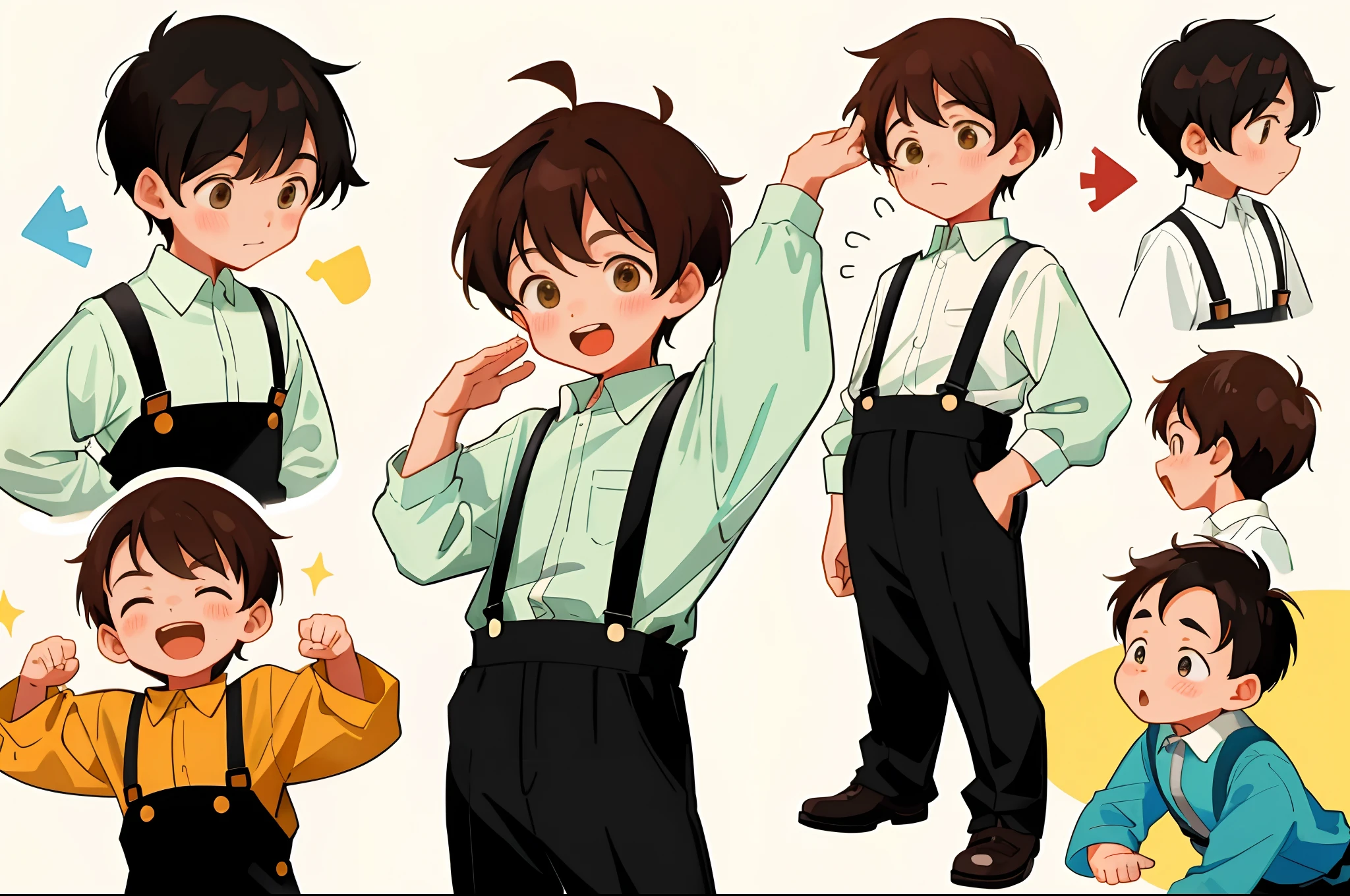 younge boy,multiple postures and expressions,Children's book illustration style,، simple,adolable,full-color,Black suspenders,Reddish-brown hair,flatcolors,
