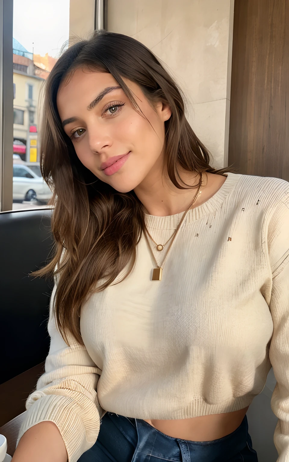 Beautiful brunette with blonde highlights in a beige sweater (in a café drinking soft drinks), muy detallado, 22year old, Cara inocente, cabello ondulado natural, ojos azules, High resolution, Obra maestra, La mejor calidad, Intrincado alto detalle, Altamente detallado, foco nítido, Piel detallada, textura realista de la piel, textura, ojos detallados, profesional, 4k, sonrisa encantadora, filmado en Canon, 85 mm, poca profundidad de campo, Kodak Vision Color, Cuerpo de ajuste perfecto, extremadamente detallado, Cinematographer_\(ultra\), photoreallistic, Realstic, Postproceso, Maximum details, aspereza, vida real, ultra realista, Fotorrealismo, Cinematographer, 8k UHD, Cinematographer, de cuerpo completo, cuerpo de modelo, buenas curvas, en lenceria erotica