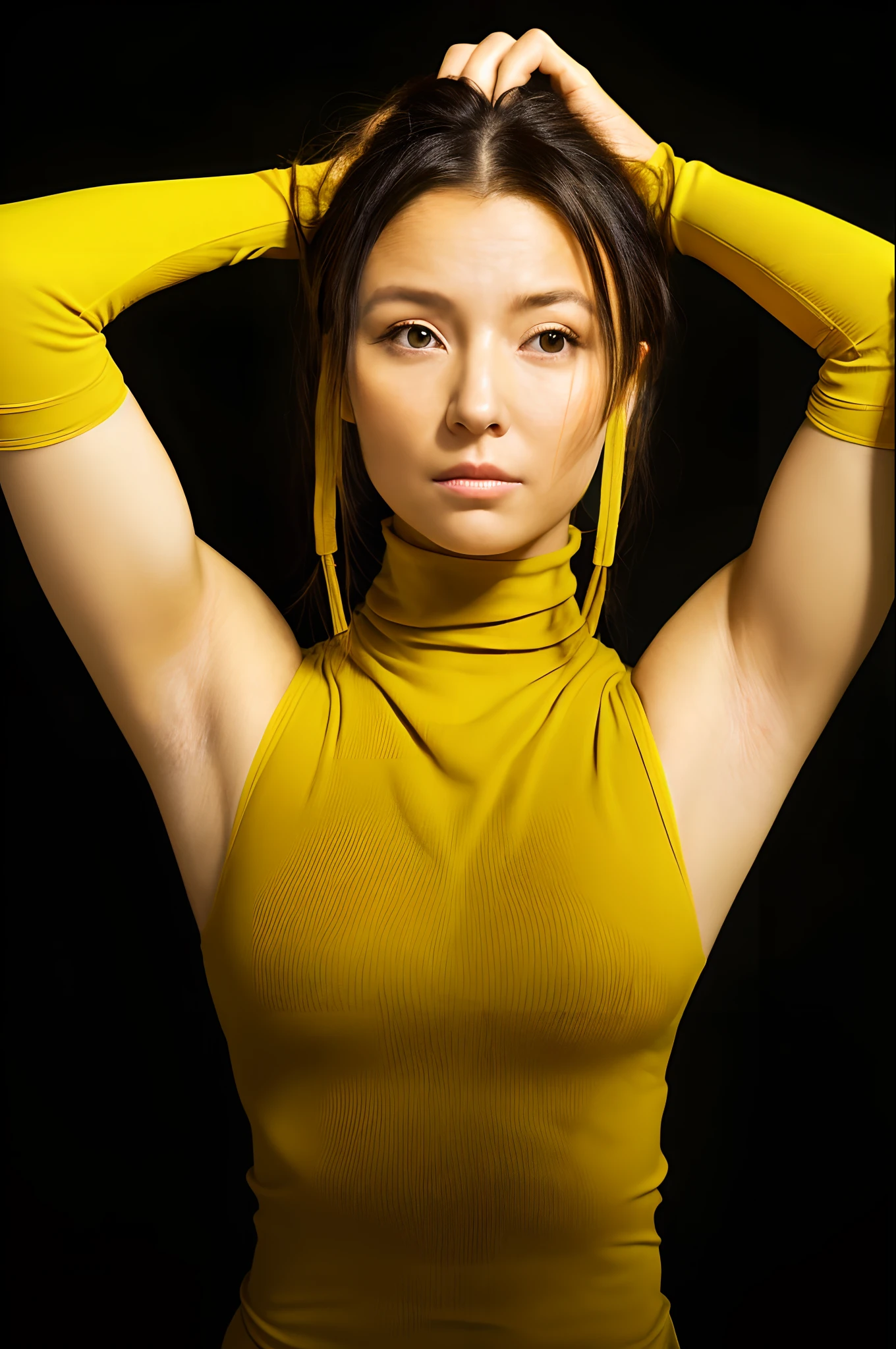Portrait of a woman with her hair tied in two, yellow elastic turtleneck, tight-fitting outfit. Hands together in front, make-up with dark circles under eyes, white background, surrealism, melancholy expression