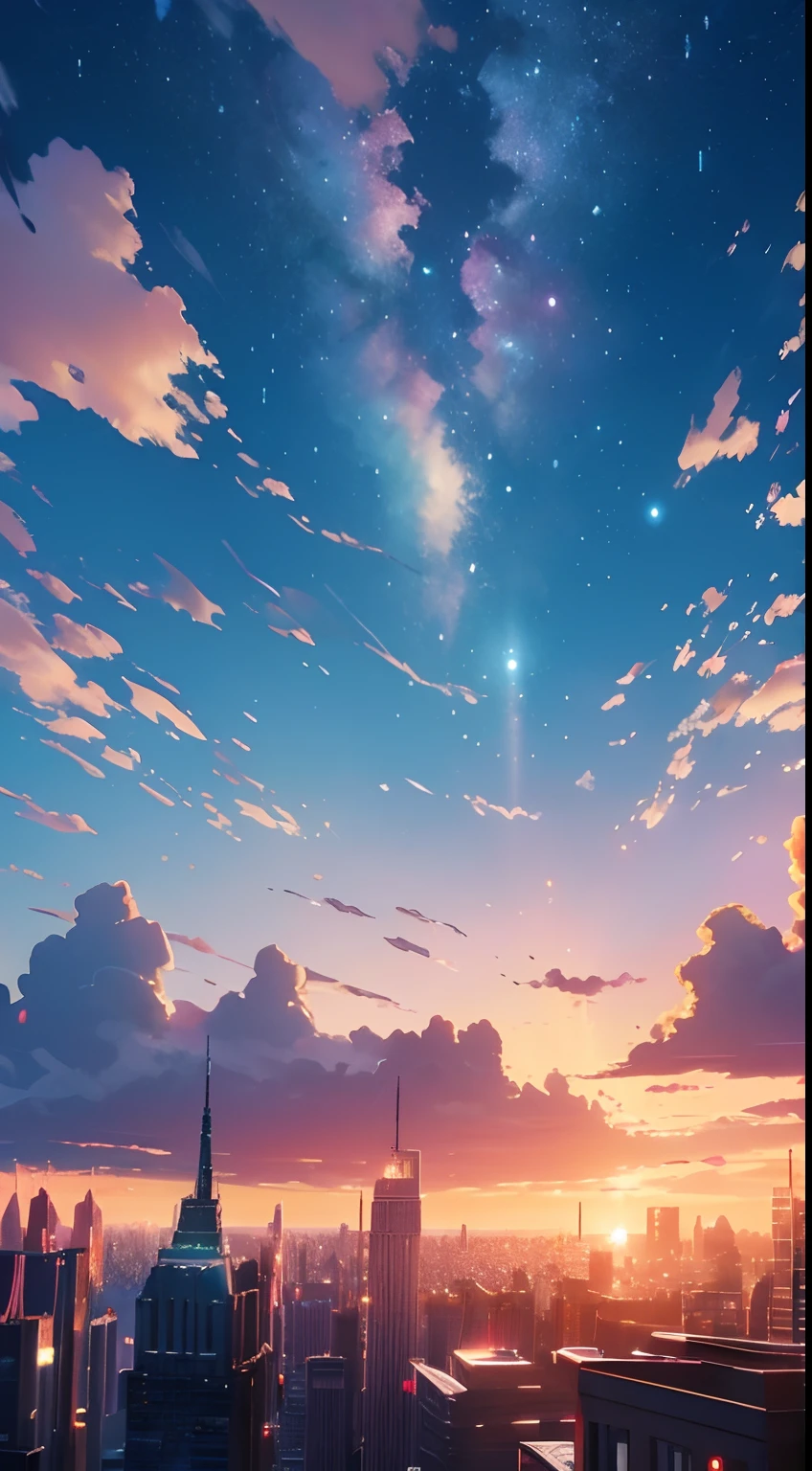 (masterpiece), a bautiful city at night,milkway, gorgeous, nature,fter rain, grass, beautiful sky, gogeous clouds, 4k,  happy,happyness, soft, wallpaper,, hope, intricate, BREAK the image transmit a hopeful feeling, good vibes, happy atmosphere, beauty on the small details, a visual masterpiece, beautiful colors, UHD, high res,absurdes, professional image, breath taking,amazing