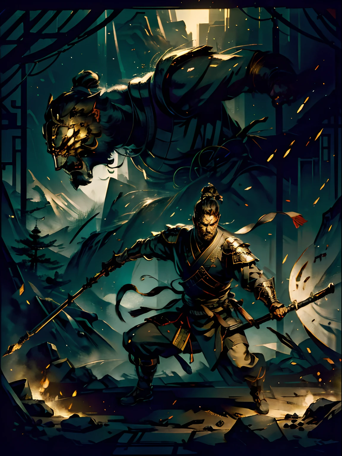 (Best quality,4K,A high resolution,Masterpiece:1.2),Strong warriors,Wilderness Mountain Forest,Dense woods,Young man,Hold a bronze mace in each hand,Fierce expression,brave posture,Determined gaze,hair flowing in the wind,combat scene,Heroic posture,A lot of robbers in black,Lots of masked robbers around,scrimmage,imposing presence,Battle-hardened,,illustration,The light from the back window is backlighted,Get attention.Traditional Chinese clothing,China ink painting,Chinese Ancient Times