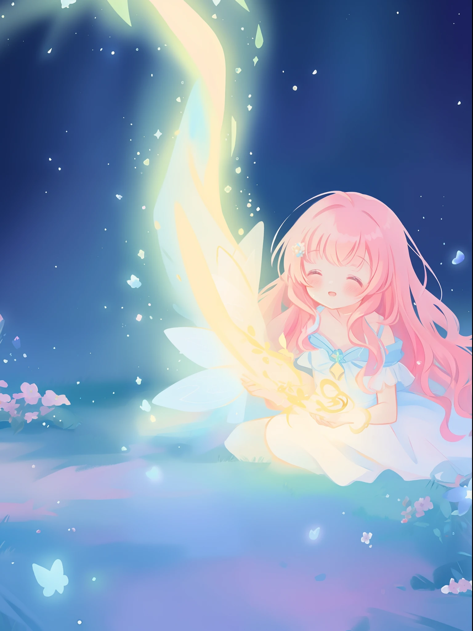 beautiful girl in flowing ballgown dress, (glowing fairy wings), glowing flowing ballgown, long wavy hair, sparkling fairy wings, watercolor illustration, flowers and colorful plants, inspired by Glen Keane, inspired by Lois van Baarle, disney art style, by Lois van Baarle, glowing aura around her, by Glen Keane, jen bartel, glowing lights! digital painting, flowing glowing hair, glowing flowing hair, beautiful digital illustration, fantasia otherworldly landscape plants flowers, beautiful, masterpiece, best quality, anime disney style