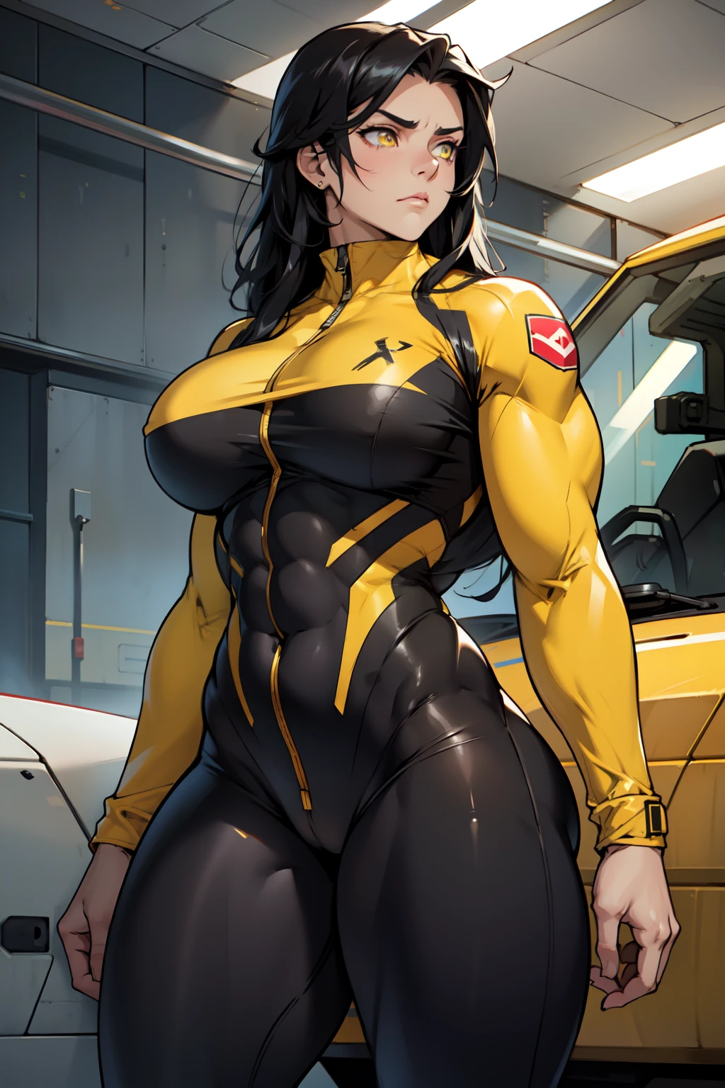 1girl muscular toned body bodybuilder curvy wide hips thick thighs huge tits black hair yellow eyes very long hair pale skin angry curvy pilot suit