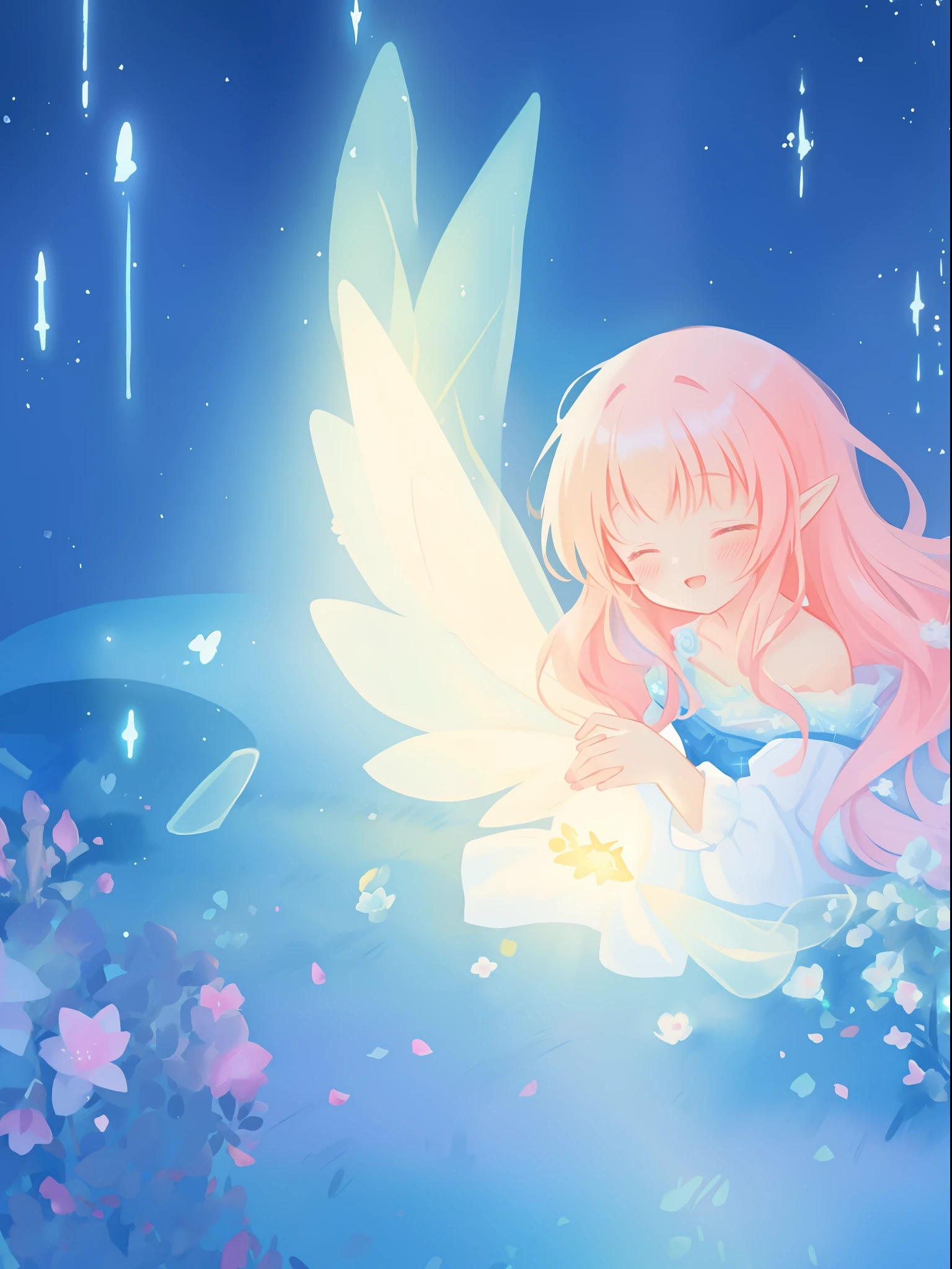 beautiful girl in flowing ballgown dress, (glowing fairy wings), glowing flowing ballgown, long wavy hair, sparkling fairy wings, watercolor illustration, flowers and colorful plants, inspired by Glen Keane, inspired by Lois van Baarle, disney art style, by Lois van Baarle, glowing aura around her, by Glen Keane, jen bartel, glowing lights! digital painting, flowing glowing hair, glowing flowing hair, beautiful digital illustration, fantasia otherworldly landscape plants flowers, beautiful, masterpiece, best quality, anime disney style