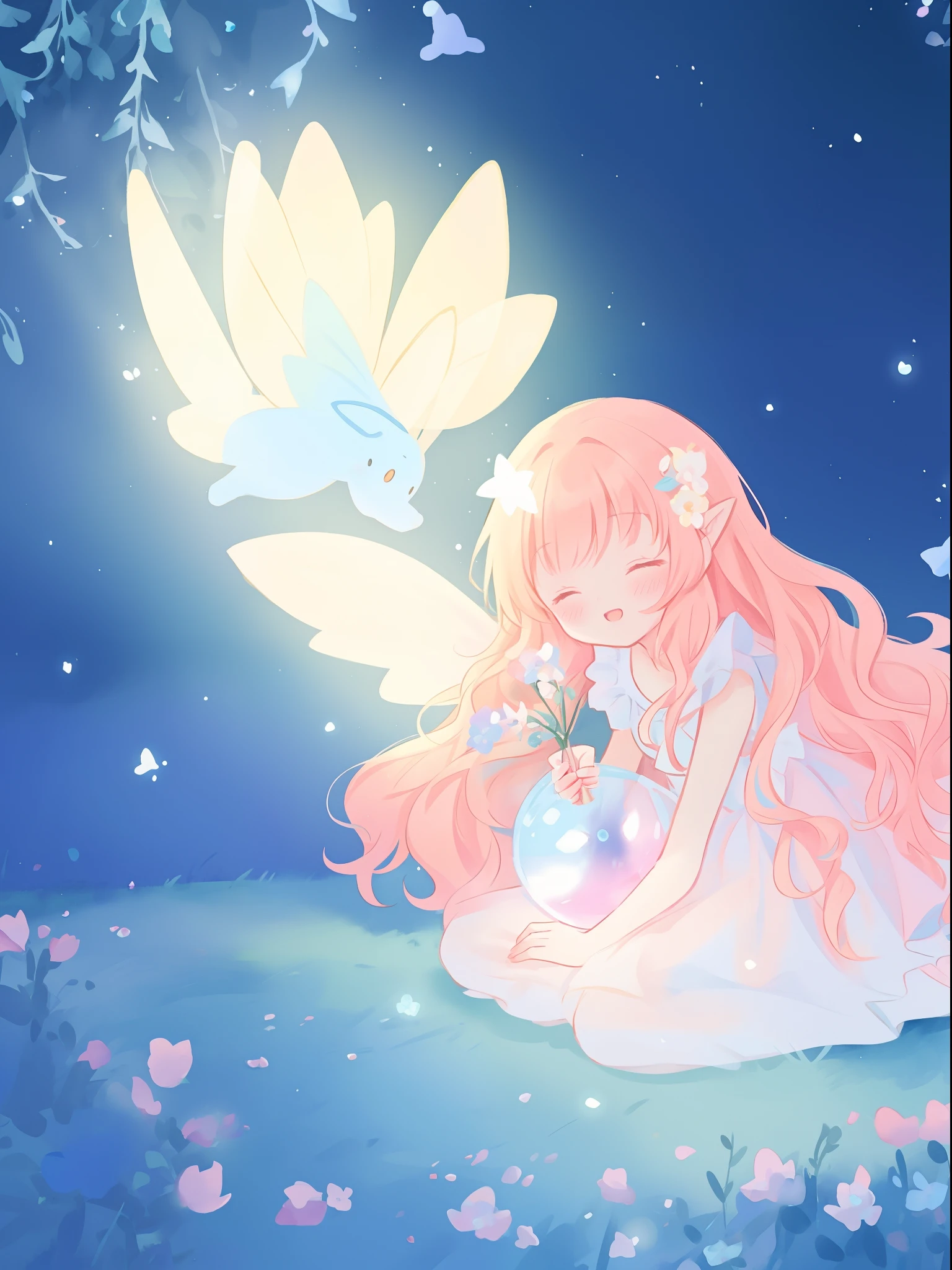 beautiful girl in flowing ballgown dress, (glowing fairy wings), glowing flowing ballgown, long wavy hair, sparkling fairy wings, watercolor illustration, flowers and colorful plants, inspired by Glen Keane, inspired by Lois van Baarle, disney art style, by Lois van Baarle, glowing aura around her, by Glen Keane, jen bartel, glowing lights! digital painting, flowing glowing hair, glowing flowing hair, beautiful digital illustration, fantasia otherworldly landscape plants flowers, beautiful, masterpiece, best quality, anime disney style