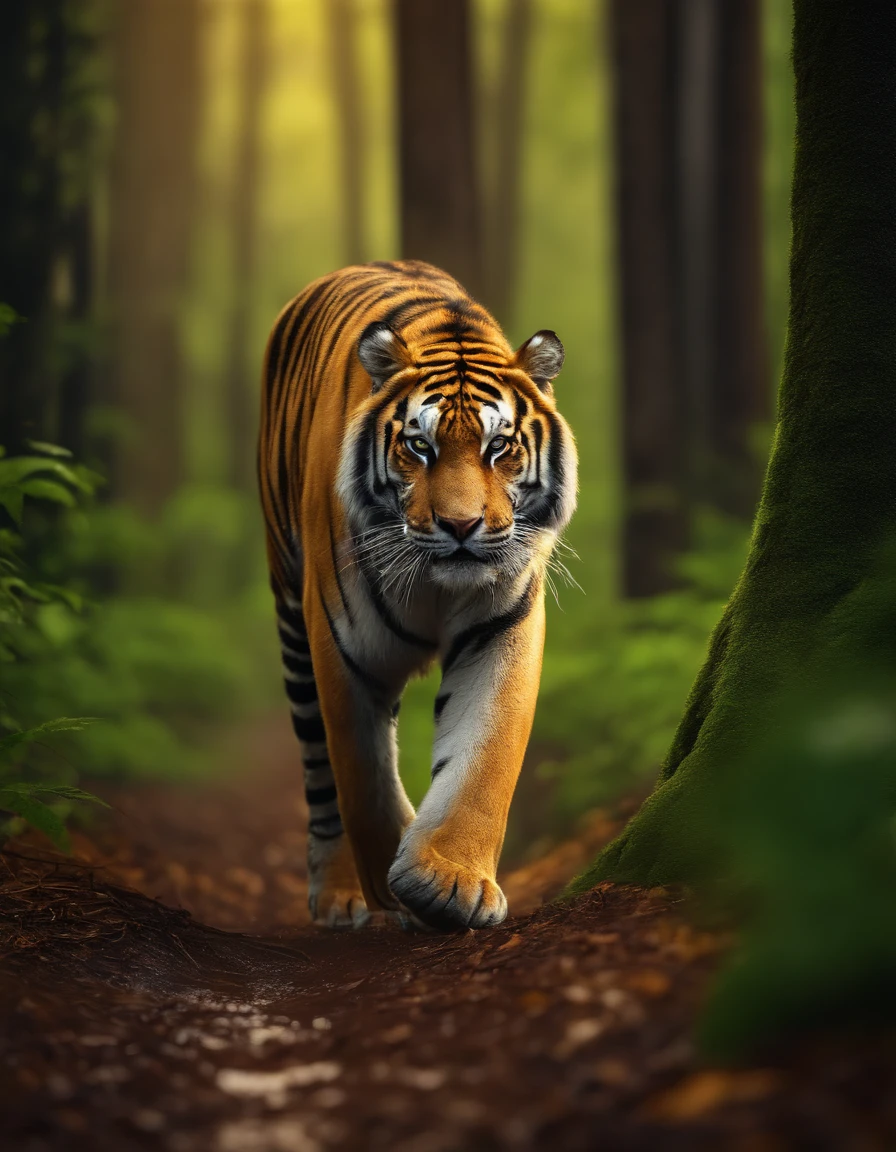 A majestic Siberian tiger is walking through a lush green forest in the rain，With vivid colors and realistic textures，The style is based on works by Vincent van Gogh and John James Audubon，Render with Octane，4K分辨率，Sony Master Lens，Cinematic lighting，Background bokeh，depth of fields，Photoreality。