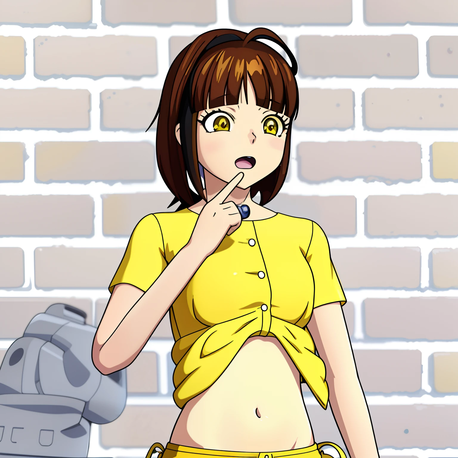 there is a cartoon of a surprised woman in yellow shirt and yellow pants, anime styled 3d, realistic anime 3 d style, 3d anime girl, smooth anime cg art, stylized anime, anime stylized, render of a cute 3d anime girl, 3 d anime realistic, anime style character, realistic young anime girl, cloth sim, retro anime girl