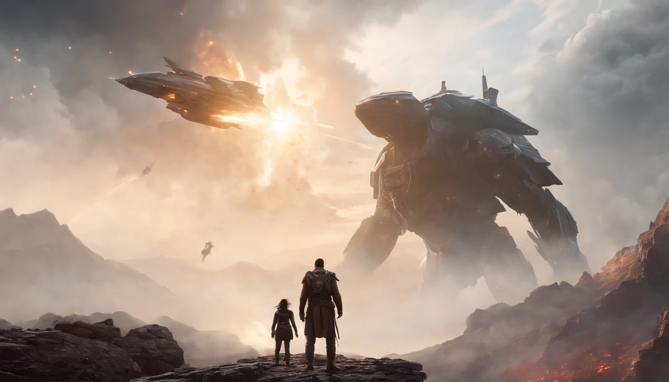 A couple Fighter Spaceship flying over explosions beneath, a silhouette of an old warrior father with his daughter from Vietnam who are standing on a mountain with the wind blowing the daughters hair and the fathers jacket, concept art wallpaper 4k, sci-fi fantasy wallpaper, sci fi artwork, detailed sci-fi art, beautiful sci fi art, spaceships in the cloudy sky, concept art artwork masterpiece, concept art 4k, concept art 4 k, sci fi concept art, mystical sci-fi concept art