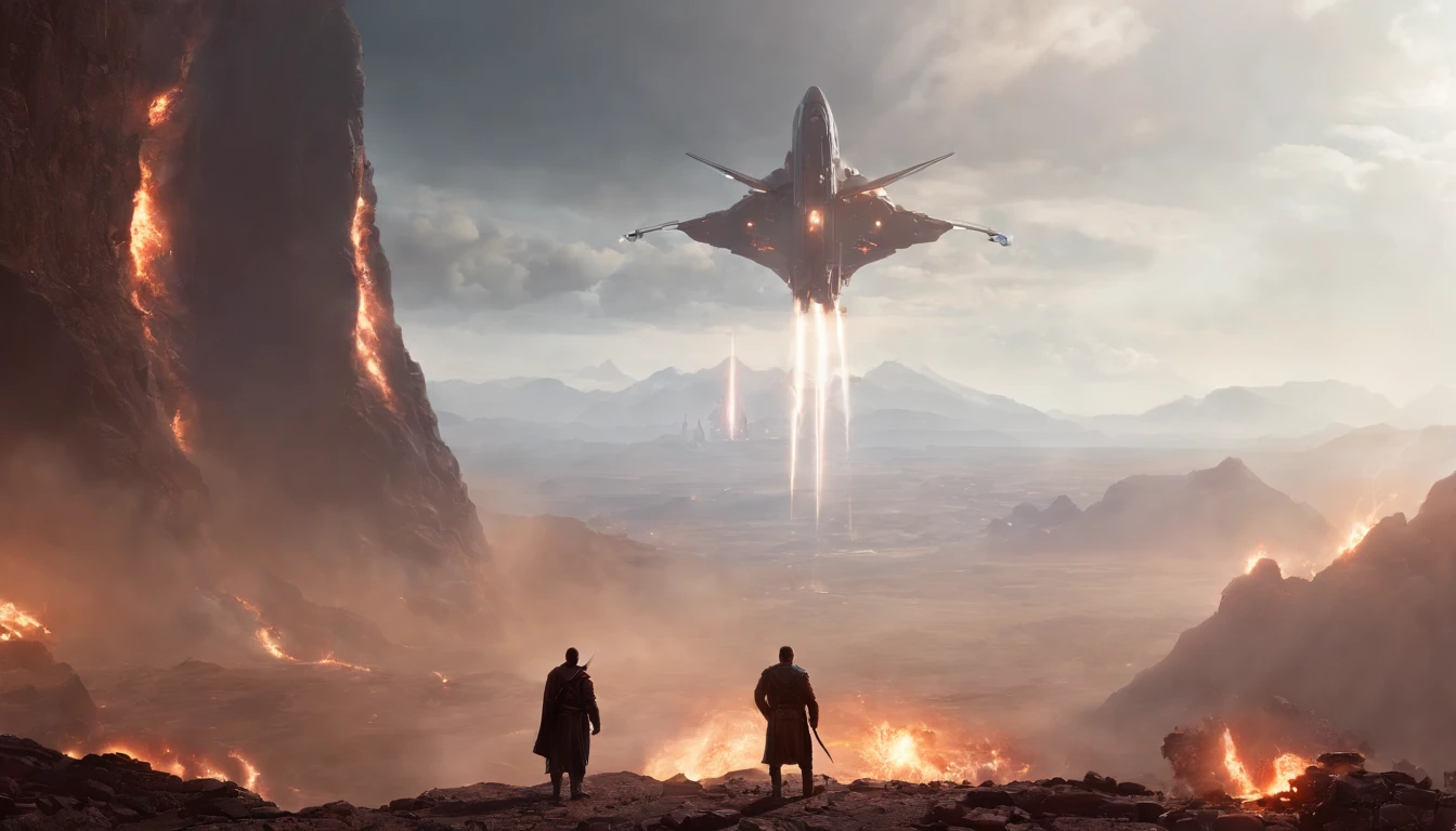 A couple Fighter Spaceship flying over explosions beneath, a silhouette of an old warrior father with his daughter from Vietnam who are standing on a mountain with the wind blowing the daughters hair and the fathers jacket, concept art wallpaper 4k, sci-fi fantasy wallpaper, sci fi artwork, detailed sci-fi art, beautiful sci fi art, spaceships in the cloudy sky, concept art artwork masterpiece, concept art 4k, concept art 4 k, sci fi concept art, mystical sci-fi concept art