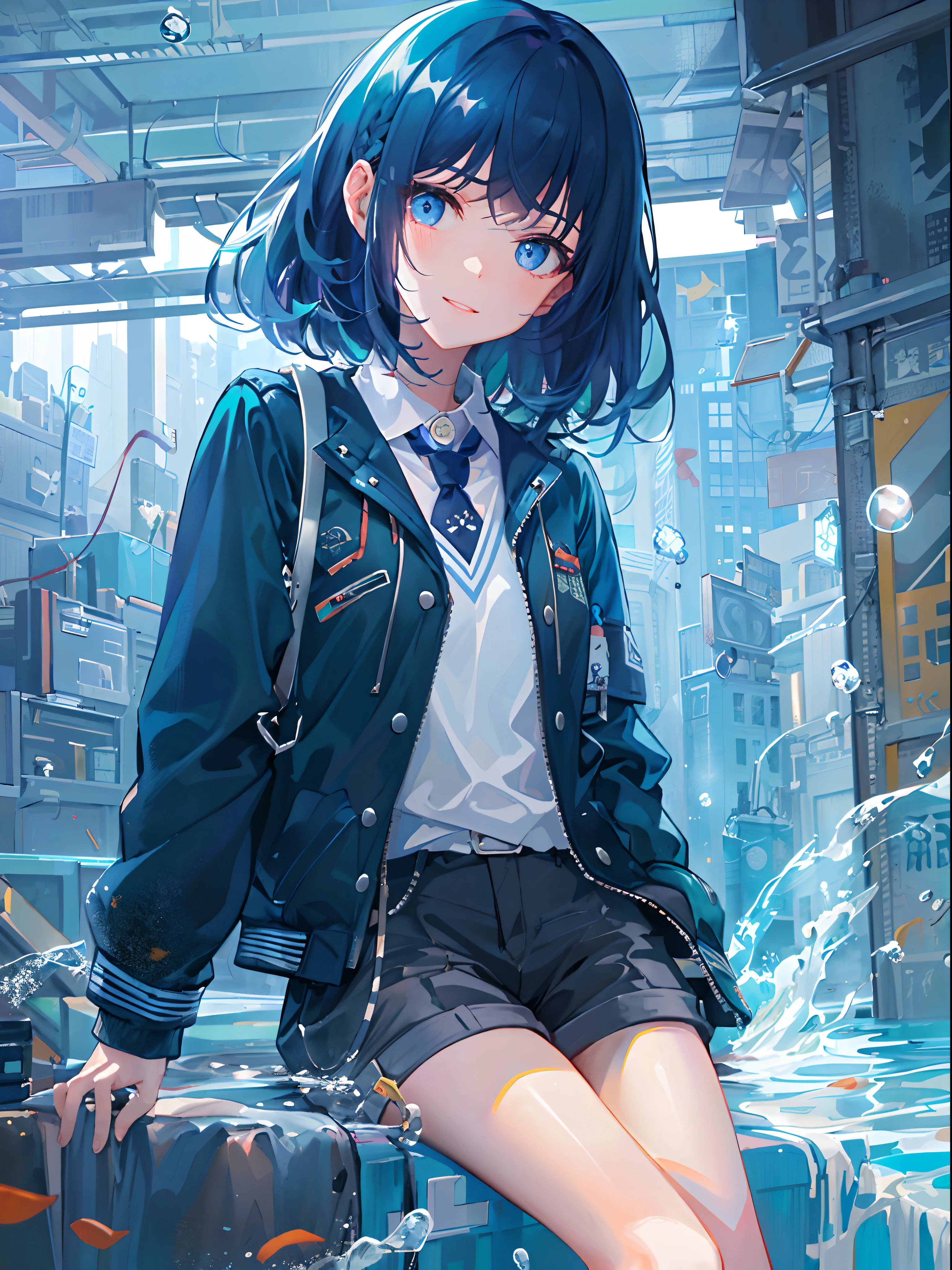((top-quality)), ((masterpiece)), ((ultra-detailliert)), (extremely delicate and beautiful), girl with, 独奏, cold attitude,((Black jacket)),She is very(relax)with the(Settled down)Looks,A dark-haired, depth of fields,evil smile,Bubble, under the water, Air bubble,bright light blue eyes,Inner color with light blue hair and dark blue tips,Cold background,Bob Hair - Linear Art, shortpants、knee high socks、White uniform like school uniform、Light blue ribbon ties、Clothes are sheer、Hands in pockets