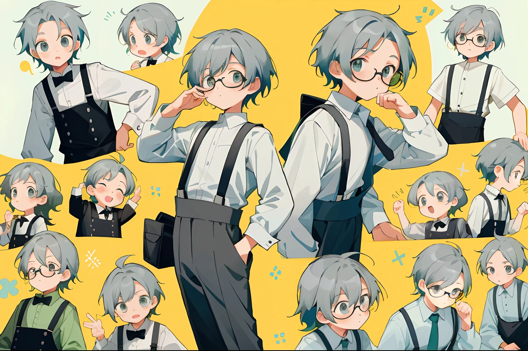 younge boy,multiple postures and expressions,Children's book illustration style,، simple,adolable,full-color,Black suspenders,eye glass,Long gray hair,flatcolors,