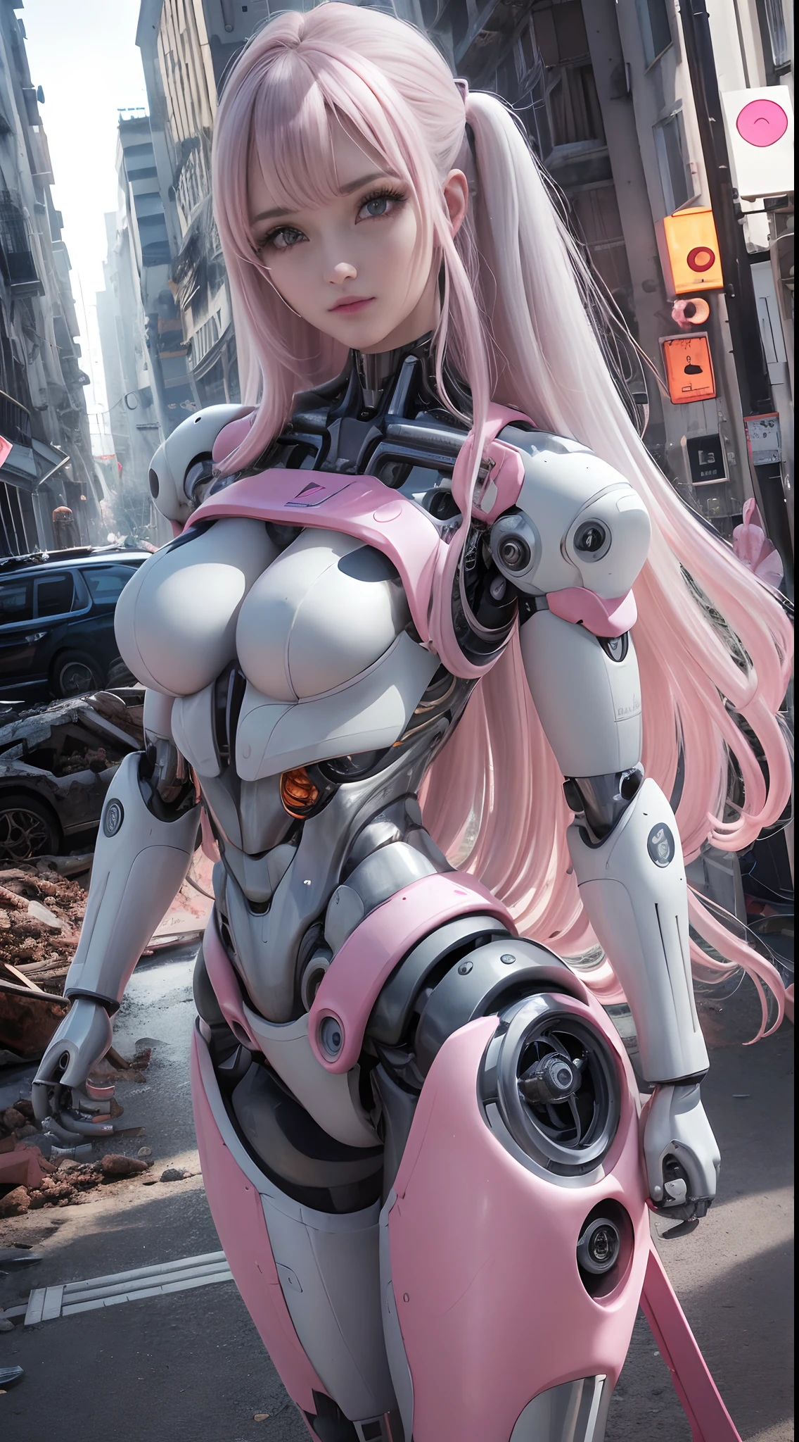 Un primer plano de una mujer con un traje rosa posando para una foto, (cuerpo cyborg ginoide:1.4), biomechanical oppai, anime robotic mixed with organic, cuerpo ginoide, Linda Chica Cyborg, highly detailed cybernetic body, girl in mecha cyber armor, Perfecto anime cyborg mujer, Chica cyborg, Chica androide perfecta, Broken hermosa mujer androide!,More detailed 8K.motor irreal:1.4,UHD,La mejor calidad:1.4, fotorrealista:1.4, textura de la piel:1.4, obra maestra:1.8,obra-prima, mejor calidad,objeto Objeto], (detailed face features:1.4),(Apocalyptic city destroyed:1.4),(cabello rosado largo:1.4),（Beautiful and detailed eye description）,(manos:1.4),(Pink Silver Robotic Suit:1.4)