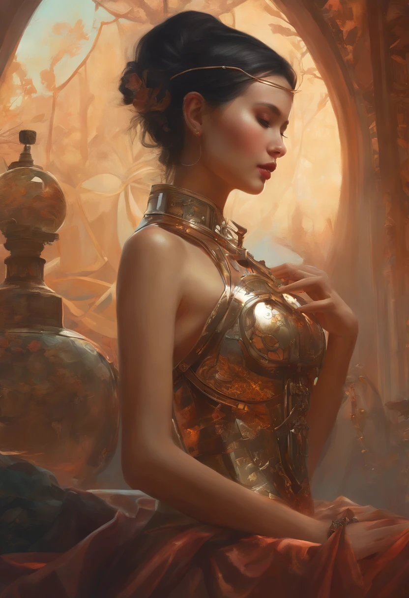 Beautiful asian woman making love holding hands with retrofuturistic steampunk robot, oilpaint, thick brushstrokes, fantasy-inspired, Art Book, sketch, Drawing, Unreal Engine, Greg Rutkowski, Roisch, rhads, beeple, By Shinkai Makoto、Lois van Baalle, Ilya Kuvshinov, rossdraws, Tom Bagshaw, Alphonse Mucha, Global Illumination, detailed and intricate environment