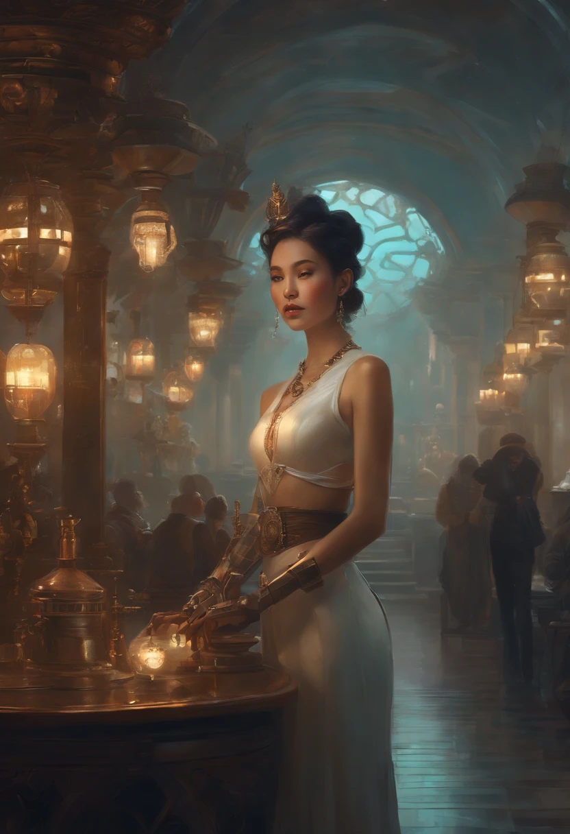Beautiful asian woman making love holding hands with retrofuturistic steampunk robot, oilpaint, thick brushstrokes, fantasy-inspired, Art Book, sketch, Drawing, Unreal Engine, Greg Rutkowski, Roisch, rhads, beeple, By Shinkai Makoto、Lois van Baalle, Ilya Kuvshinov, rossdraws, Tom Bagshaw, Alphonse Mucha, Global Illumination, detailed and intricate environment