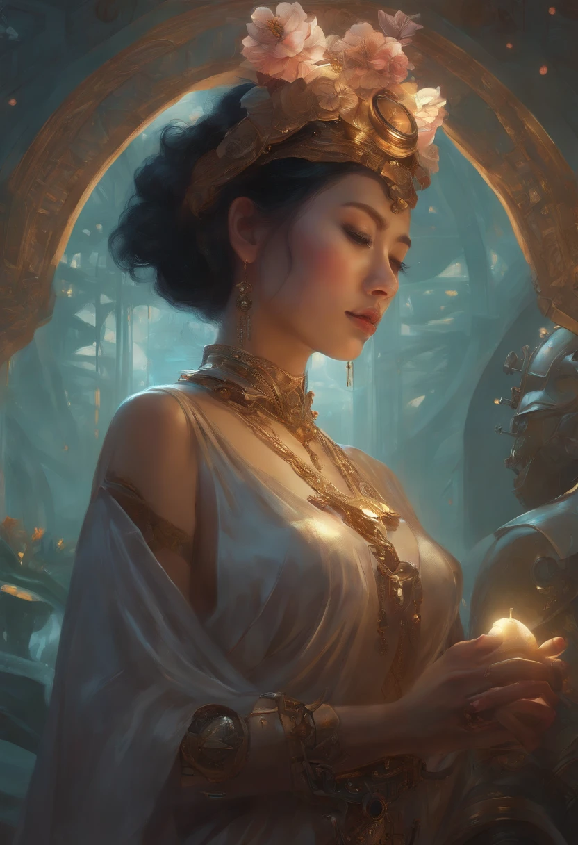 Beautiful asian woman making love holding hands with retrofuturistic steampunk robot, oilpaint, thick brushstrokes, fantasy-inspired, Art Book, sketch, Drawing, Unreal Engine, Greg Rutkowski, Roisch, rhads, beeple, By Shinkai Makoto、Lois van Baalle, Ilya Kuvshinov, rossdraws, Tom Bagshaw, Alphonse Mucha, Global Illumination, detailed and intricate environment