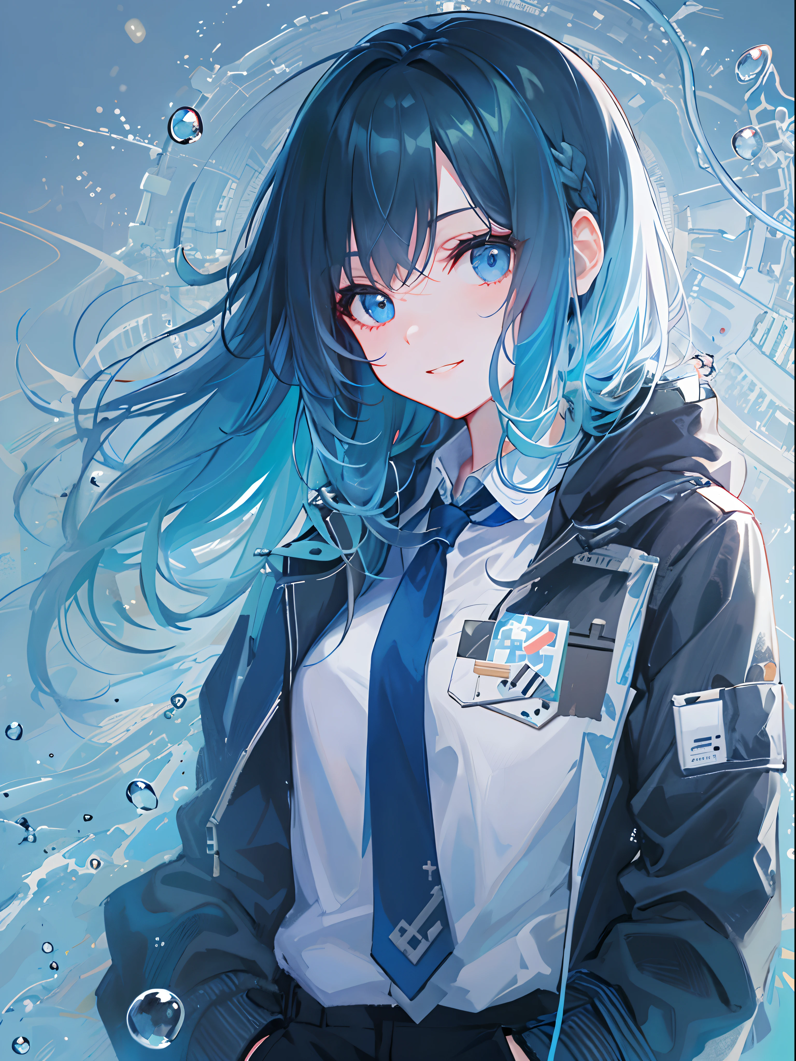 ((top-quality)), ((masterpiece)), ((ultra-detailliert)), (extremely delicate and beautiful), girl with, 独奏, cold attitude,((Black jacket)),She is very(relax)with the(Settled down)Looks,A dark-haired, depth of fields,evil smile,Bubble, under the water, Air bubble,bright light blue eyes,Inner color with light blue hair and dark blue tips,Cold background,Bob Hair - Linear Art, shortpants、knee high socks、White uniform like school uniform、Light blue ribbon ties、Clothes are sheer、Hands in pockets