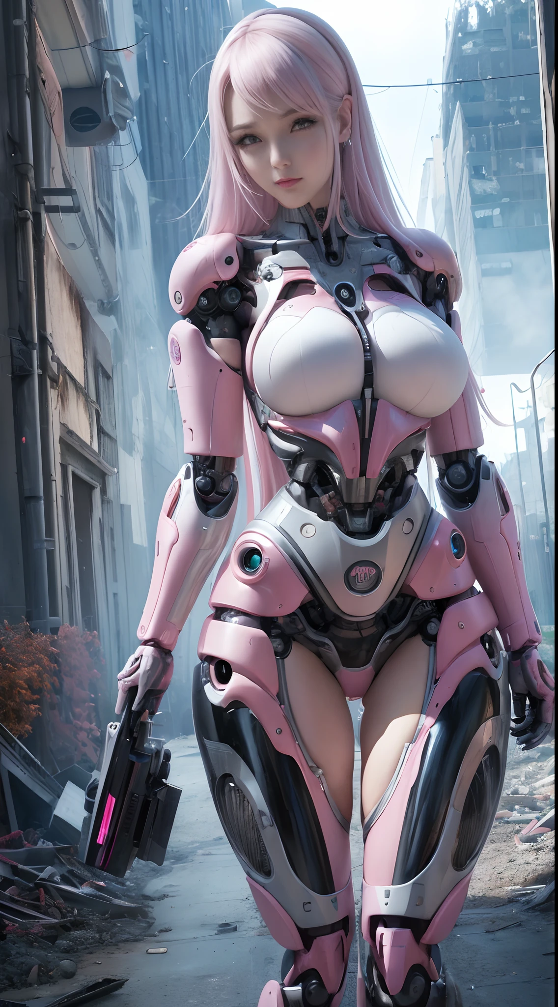 Un primer plano de una mujer con un traje rosa posando para una foto, (cuerpo cyborg ginoide:1.4), biomechanical oppai, anime robotic mixed with organic, cuerpo ginoide, Linda Chica Cyborg, highly detailed cybernetic body, girl in mecha cyber armor, Perfecto anime cyborg mujer, Chica cyborg, Chica androide perfecta, Broken hermosa mujer androide!,More detailed 8K.motor irreal:1.4,UHD,La mejor calidad:1.4, fotorrealista:1.4, textura de la piel:1.4, obra maestra:1.8,obra-prima, mejor calidad,objeto Objeto], (detailed face features:1.4),(Apocalyptic city destroyed:1.4),(cabello rosado largo:1.4),（Beautiful and detailed eye description）,(manos:1.4),(Pink Silver Robotic Suit:1.4)