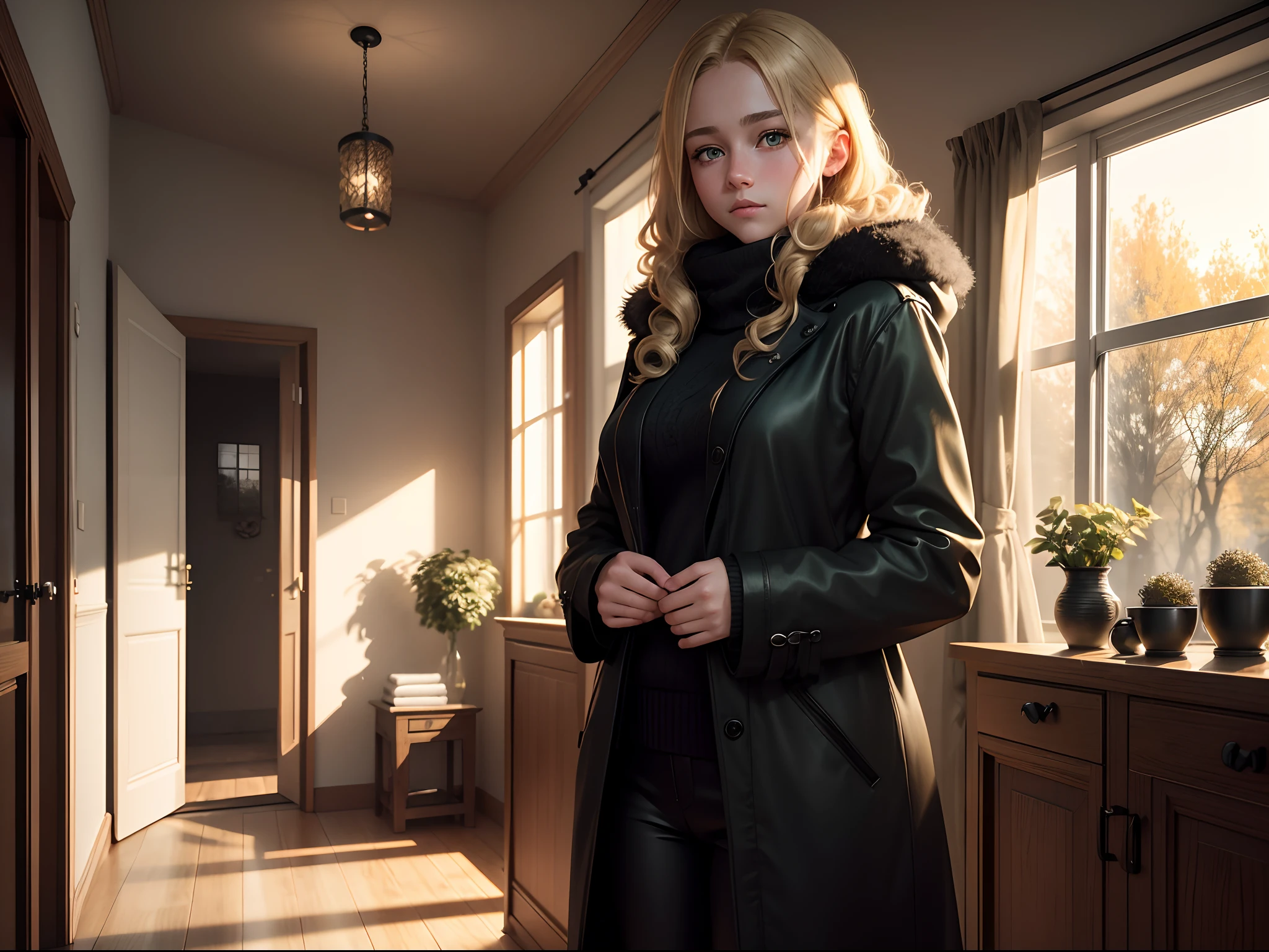 realistic, 8k image of a 15 year old girl, curly blonde hair, gorgeous, extremely detailed green eyes, dressed in a black coat and black pants, shy expression, standing in a living room of a German house, winter morning, anime style art