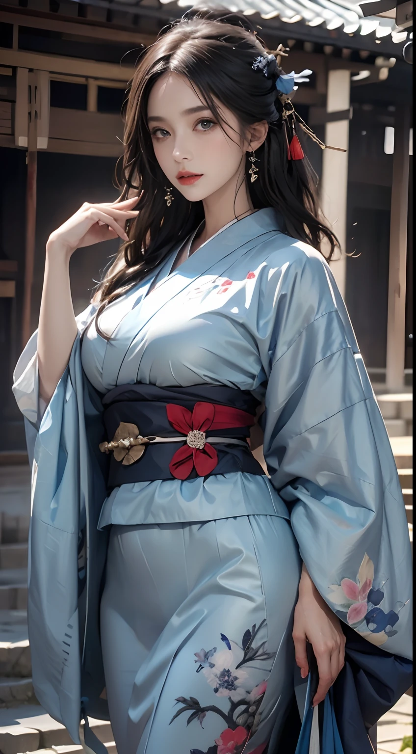 Historic Buildings in Japan、Wearing a blue kimono、Unreal Engine:1.4,nffsw,best qualtiy:1.4, Photorealista:1.4, Skin Texture:1.4, ​masterpiece:1.8, 1 Women, hips up high, beautidful eyes, The long-haired, Ringed Eyes, jewely, The tattoo, Kimono