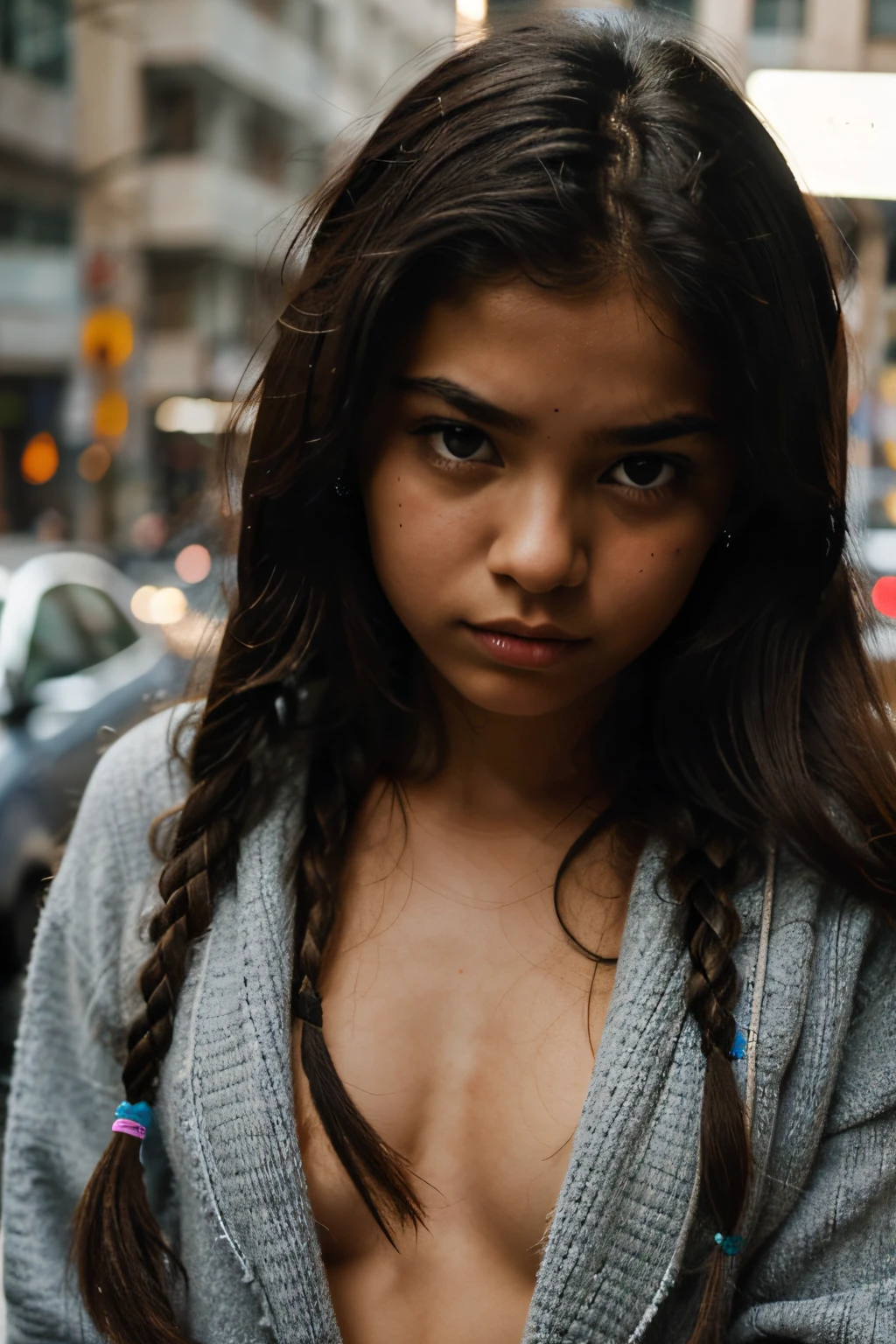 girl with tied hair and cold expressions, de pele da cor negra.