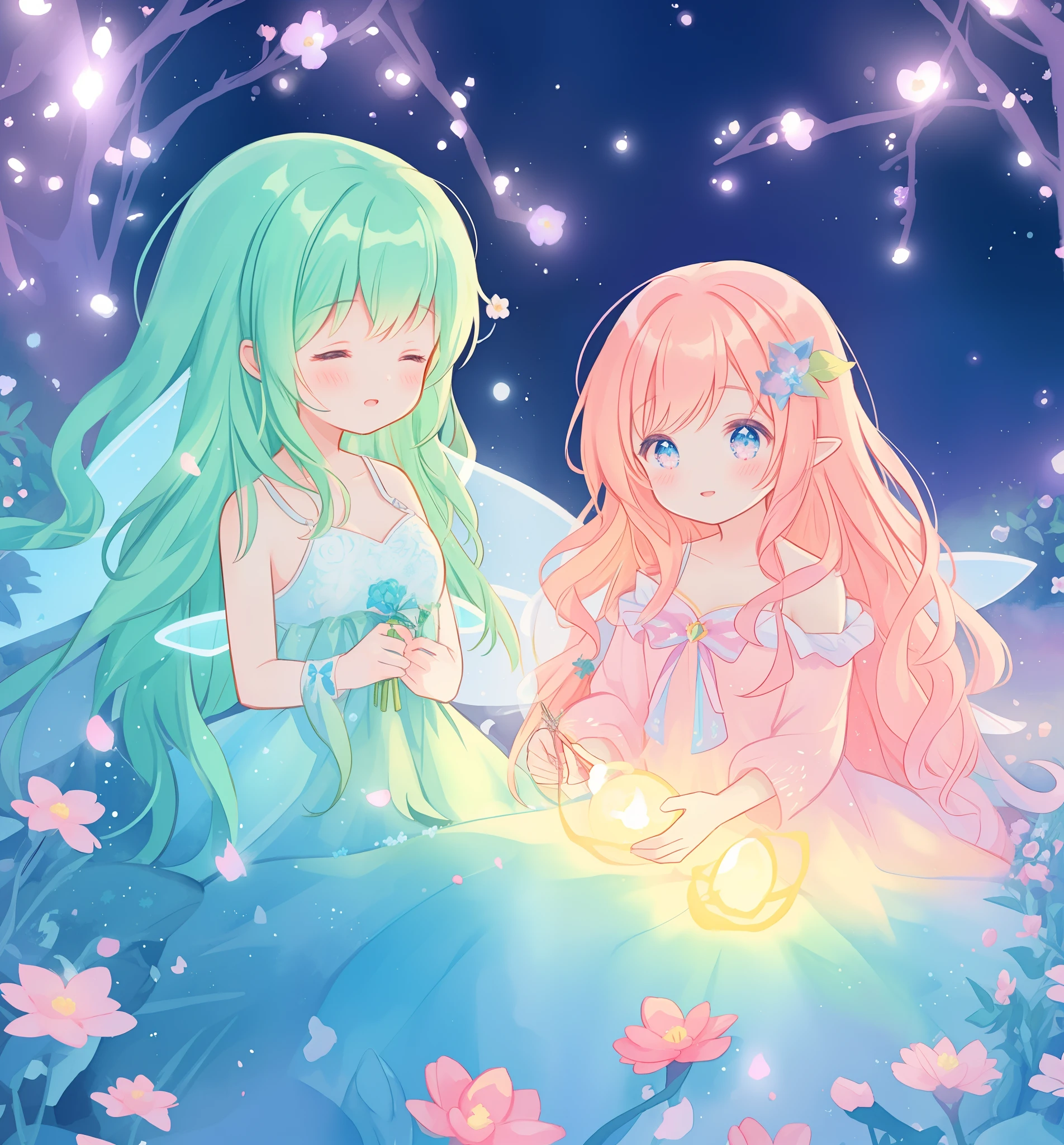 beautiful girl in flowing tiered layered ballgown dress, fairy dress, fairy queen, magical forest background, (glowing fairy wings), glowing flowing ballgown, long wavy hair, sparkling fairy wings, watercolor illustration, flowers and colorful plants, inspired by Glen Keane, inspired by Lois van Baarle, disney art style, by Lois van Baarle, glowing aura around her, by Glen Keane, jen bartel, glowing lights! digital painting, flowing glowing hair, glowing flowing hair, beautiful digital illustration, fantasia otherworldly landscape plants flowers, beautiful, masterpiece, best quality, anime disney style