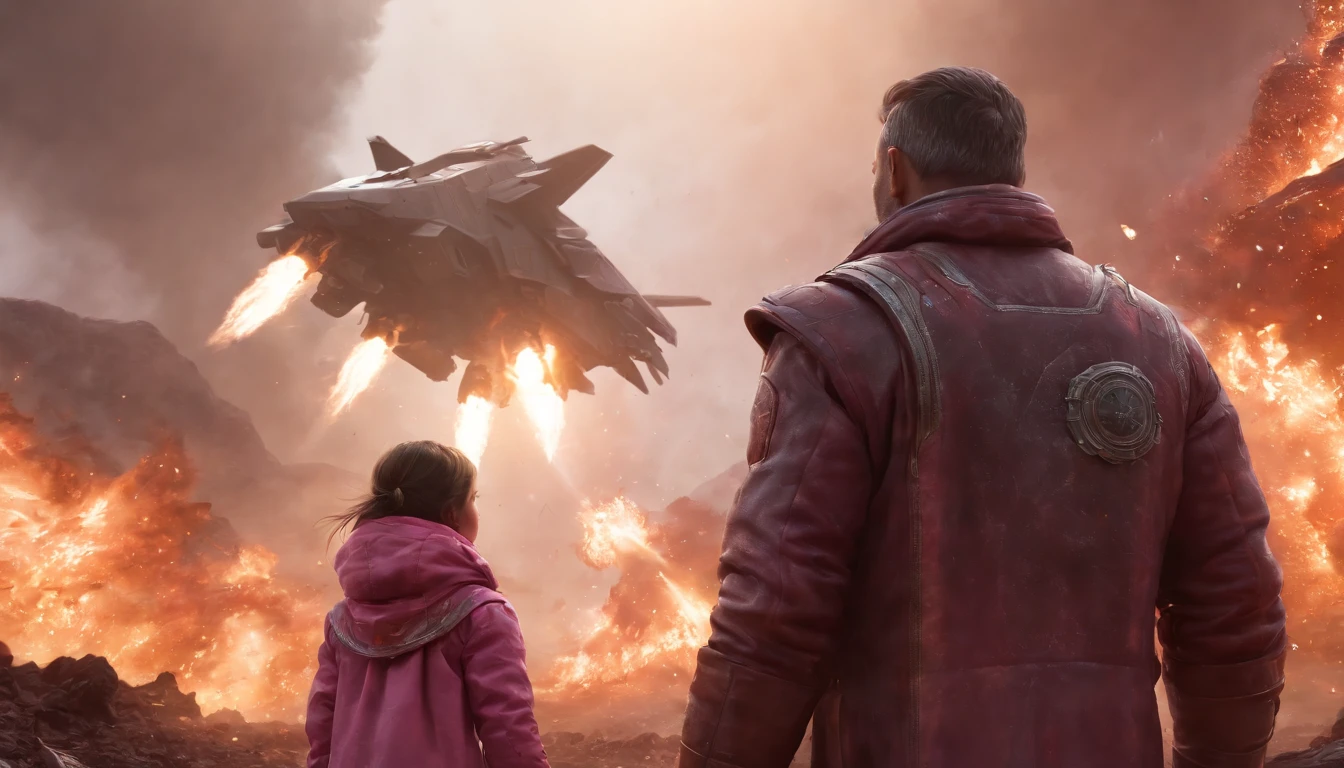A couple Fighter Spaceship flying over explosions beneath, a silhouette of an old warrior father with his daughter from Vietnam who are standing on a mountain with the wind blowing the daughters hair and the fathers jacket, concept art wallpaper 4k, sci-fi fantasy wallpaper, sci fi artwork, detailed sci-fi art, beautiful sci fi art, spaceships in the cloudy sky, concept art artwork masterpiece, concept art 4k, concept art 4 k, sci fi concept art, mystical sci-fi concept art, fire, explosions, debris, dirty, pink trees