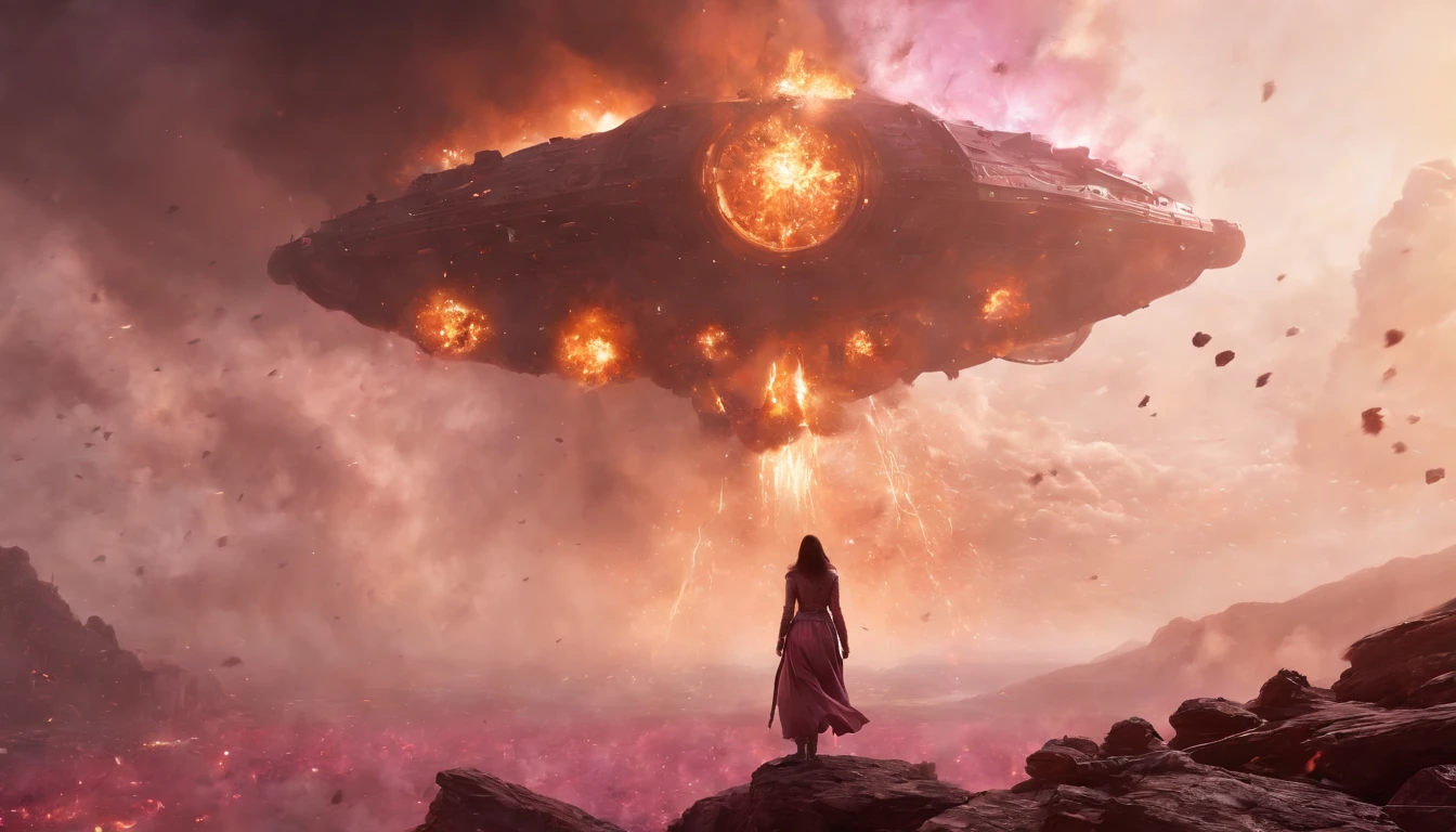A couple Fighter Spaceship flying over explosions beneath, a silhouette of an old warrior father with his daughter from Vietnam who are standing on a mountain with the wind blowing the daughters hair and the fathers jacket, concept art wallpaper 4k, sci-fi fantasy wallpaper, sci fi artwork, detailed sci-fi art, beautiful sci fi art, spaceships in the cloudy sky, concept art artwork masterpiece, concept art 4k, concept art 4 k, sci fi concept art, mystical sci-fi concept art, fire, explosions, debris, dirty, pink trees
