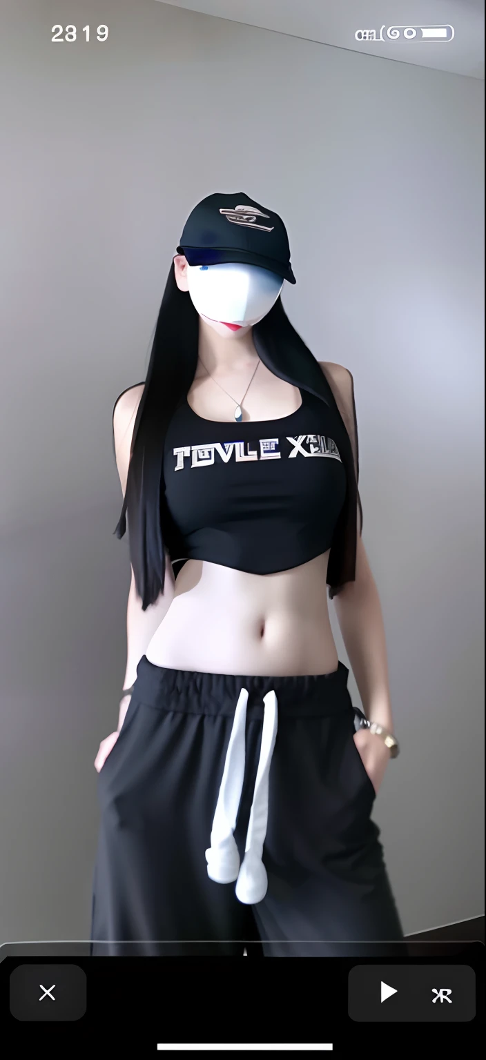 Wear a black top and black shorts，Allard woman in a baseball cap, wearing sexy cropped top, tinyest midriff ever, she is wearing a black tank top, wearing a cropped black tank top, Physical : tinyest midriff ever, 2 4 year old female model, full-body xianxia, Open V chest clothes