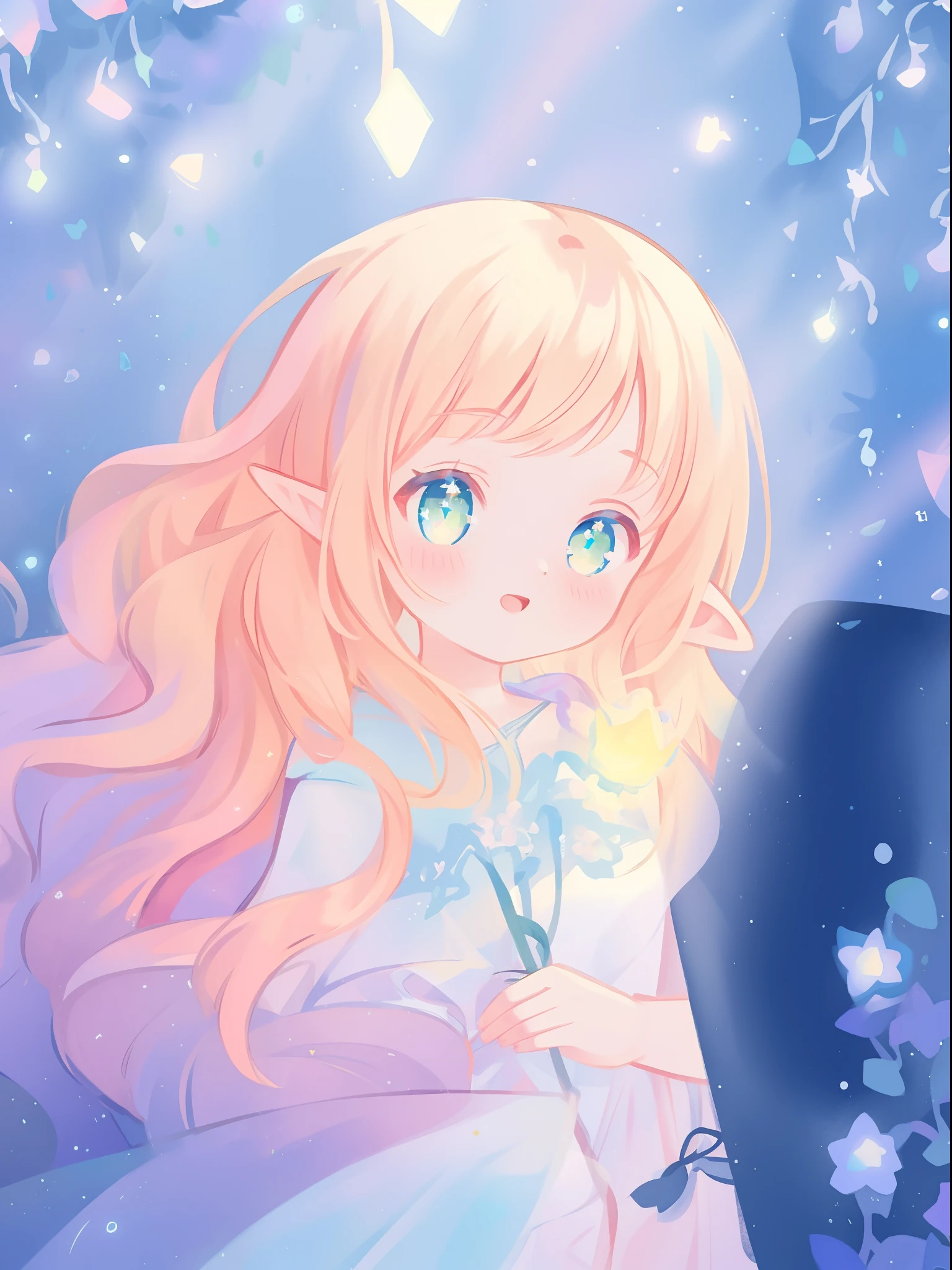 beautiful girl in white elven dress, elven princess, elf ears, princess, white crown of vines and flowers, vibrant pastel colors, (colorful), magical lights, red and gold long wavy hair, sparkling lines of light, inspired by Glen Keane, inspired by Lois van Baarle, disney art style, by Lois van Baarle, glowing aura around her, by Glen Keane, jen bartel, glowing lights! digital painting, flowing glowing hair, glowing flowing hair, beautiful digital illustration, fantasia background, whimsical, magical, fantasy, beautiful face, ((masterpiece, best quality)), intricate details, highly detailed, sharp focus, 8k resolution, sparkling detailed eyes, liquid watercolor