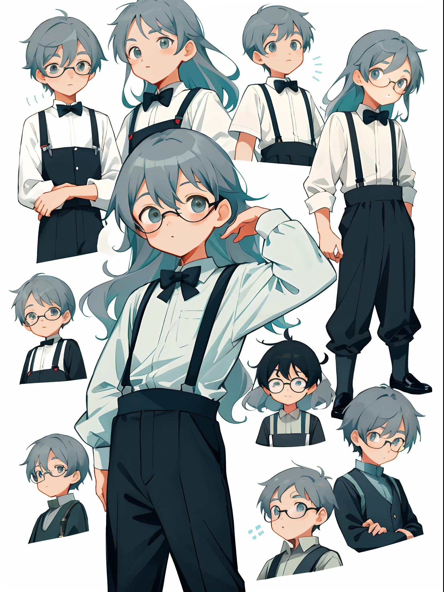 younge boy,multiple postures and expressions,Children's book illustration style,، simple,adolable,full-color,Black suspenders,eye glass,Long gray hair,flatcolors,